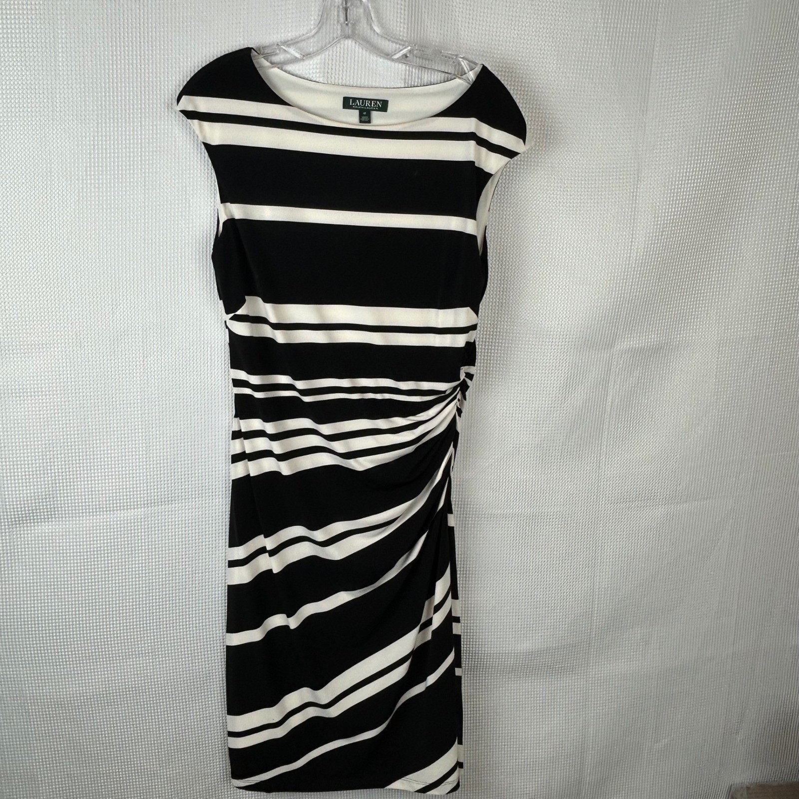 Lauren Ralph Lauren Black White Striped Ruched Sheath Dress Size 12 Cap Sleeve