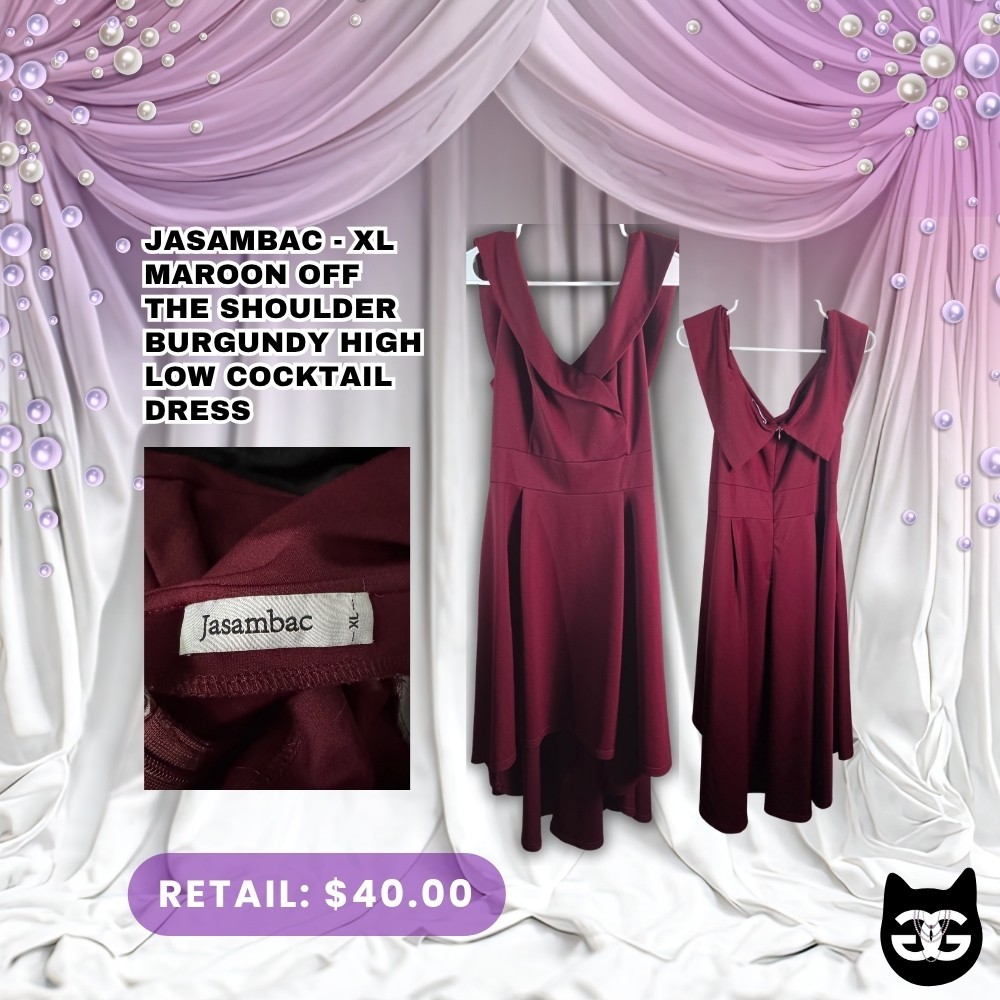 Jasambac – XL Maroon Off The Shoulder Burgundy High Low Cocktail Dress