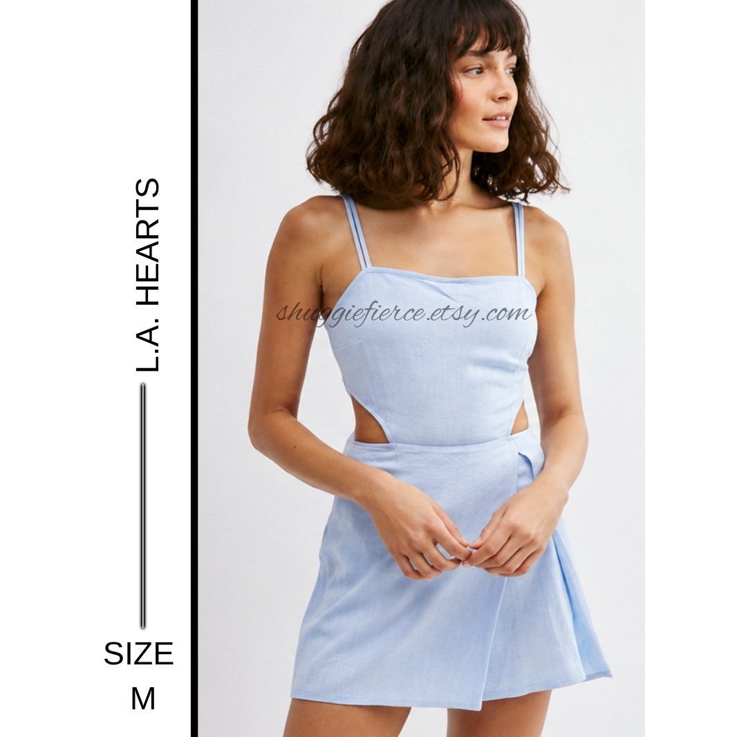 MSRP $44.95 ✨ Baby Blue Linen Blend Cutout Sundress Skort Romper – Size M | NWT✨