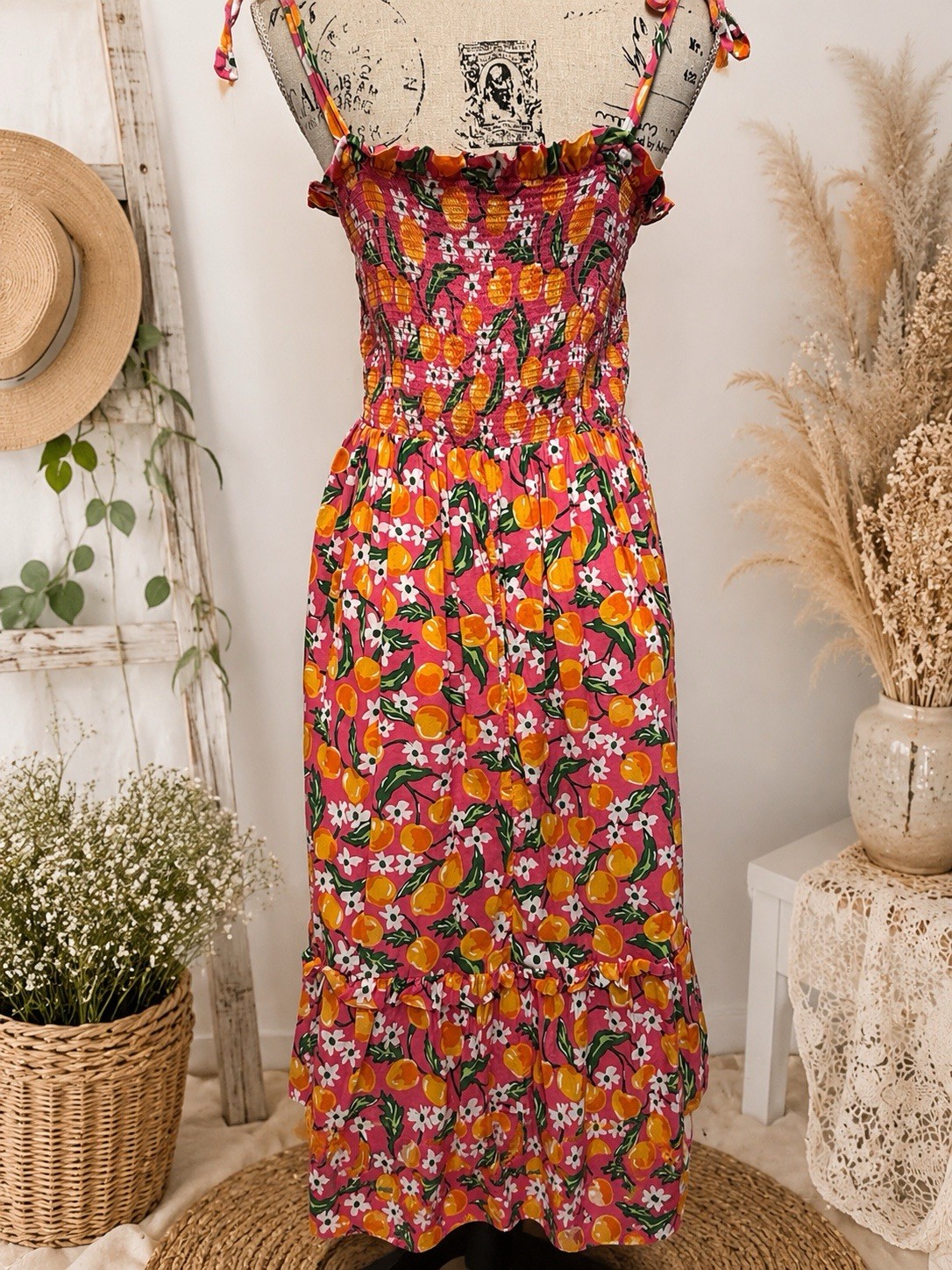 Draper James Women’s Floral Smocked Midi Dress Pink Orange Size M