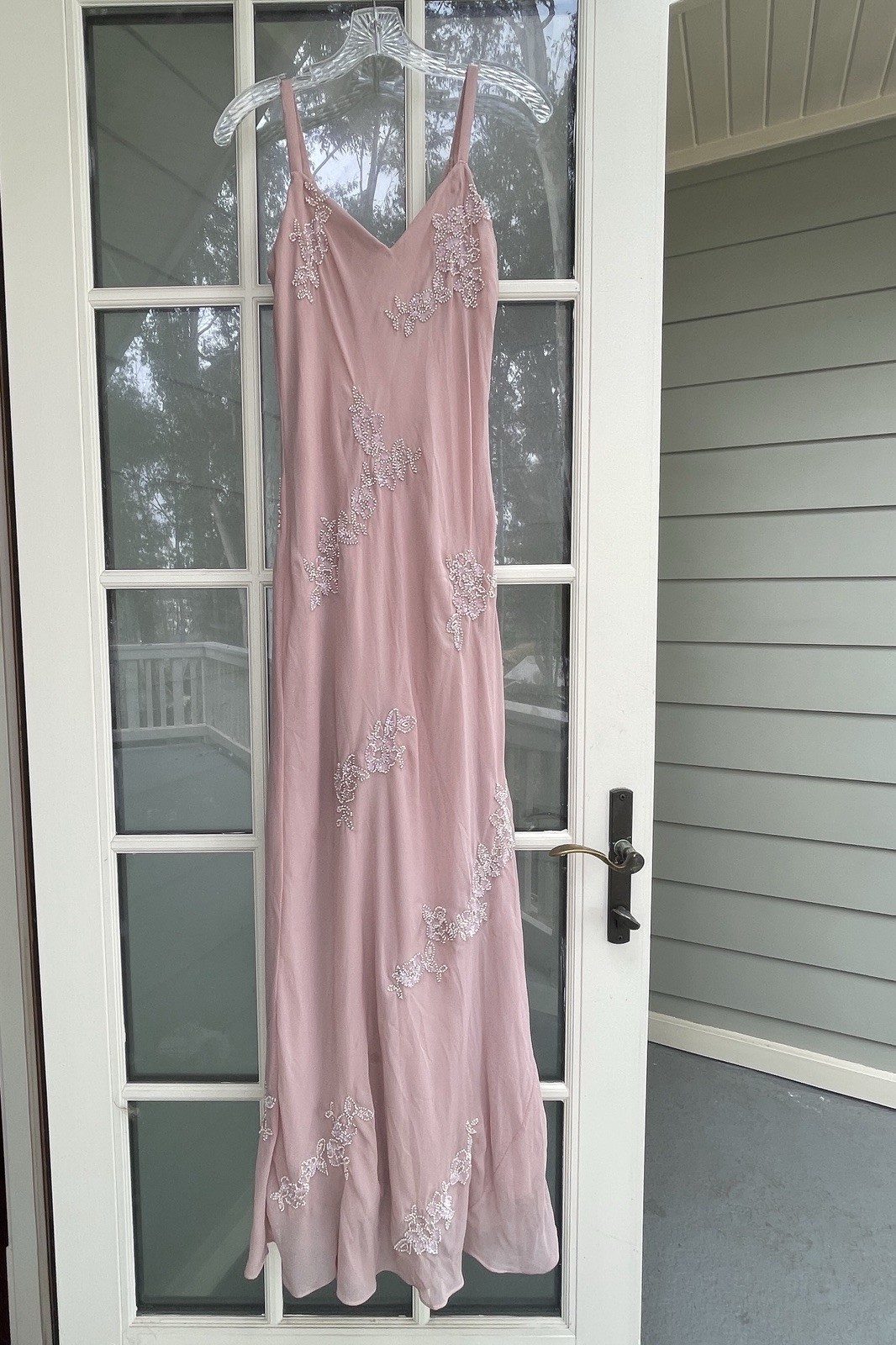 Scala Vintage Mauve Beaded Floral Chiffon A-Line Maxi Gown Dress, size L