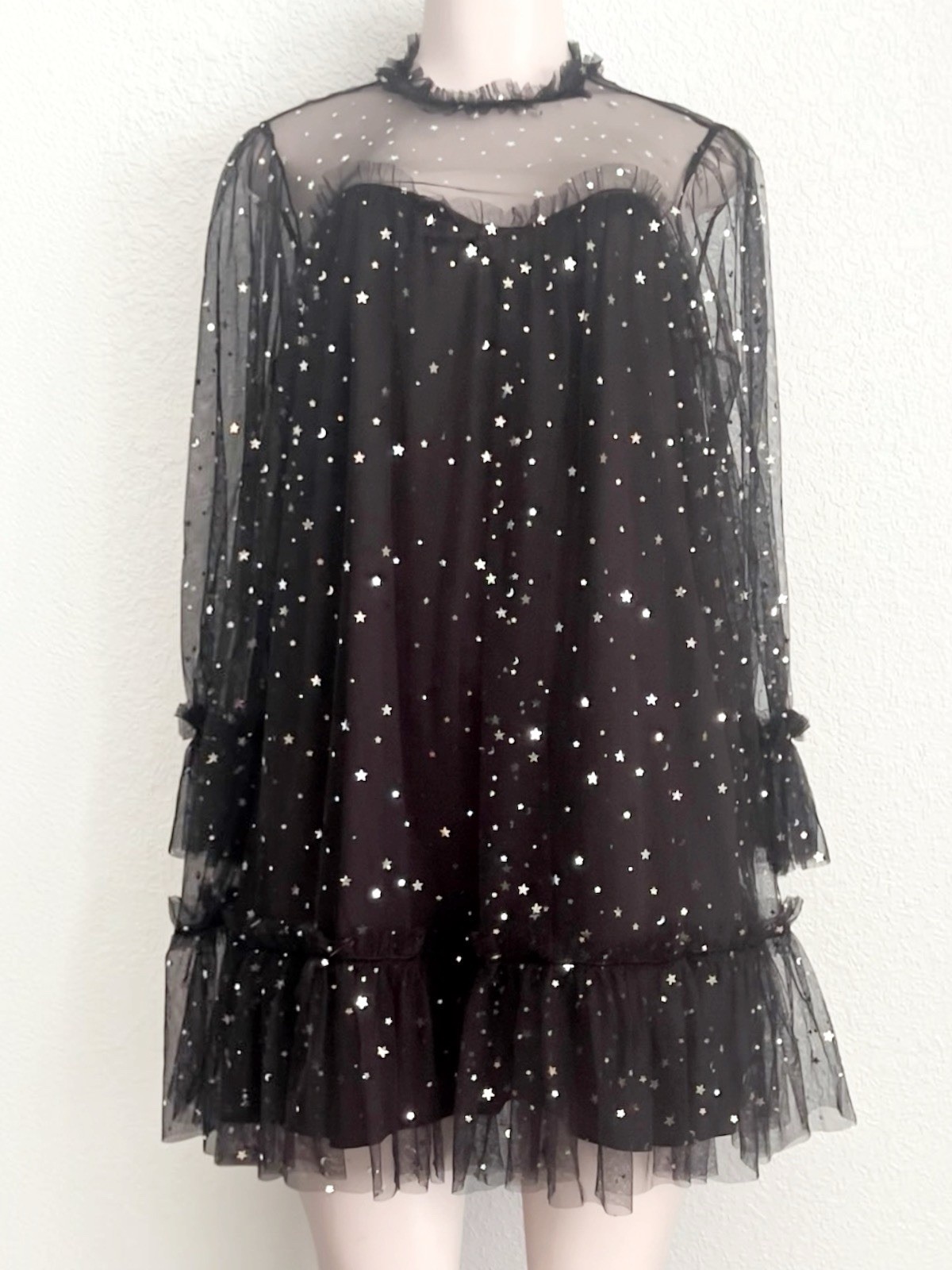 Witchy Celestial Silver Star Mesh Mini Black SZ M