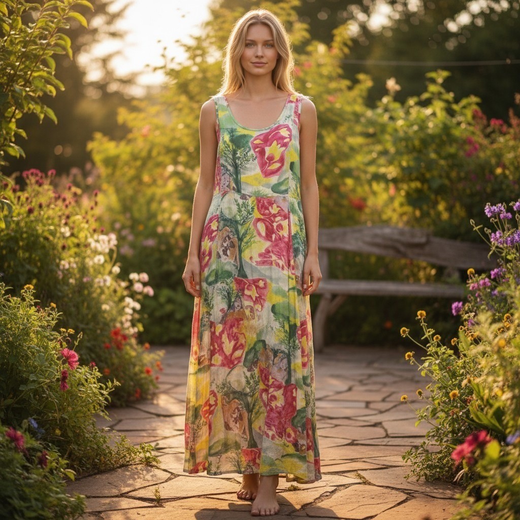 Jams World Womens Large Floral Rayon Sleeveless Maxi Dress Multicolor Tropical