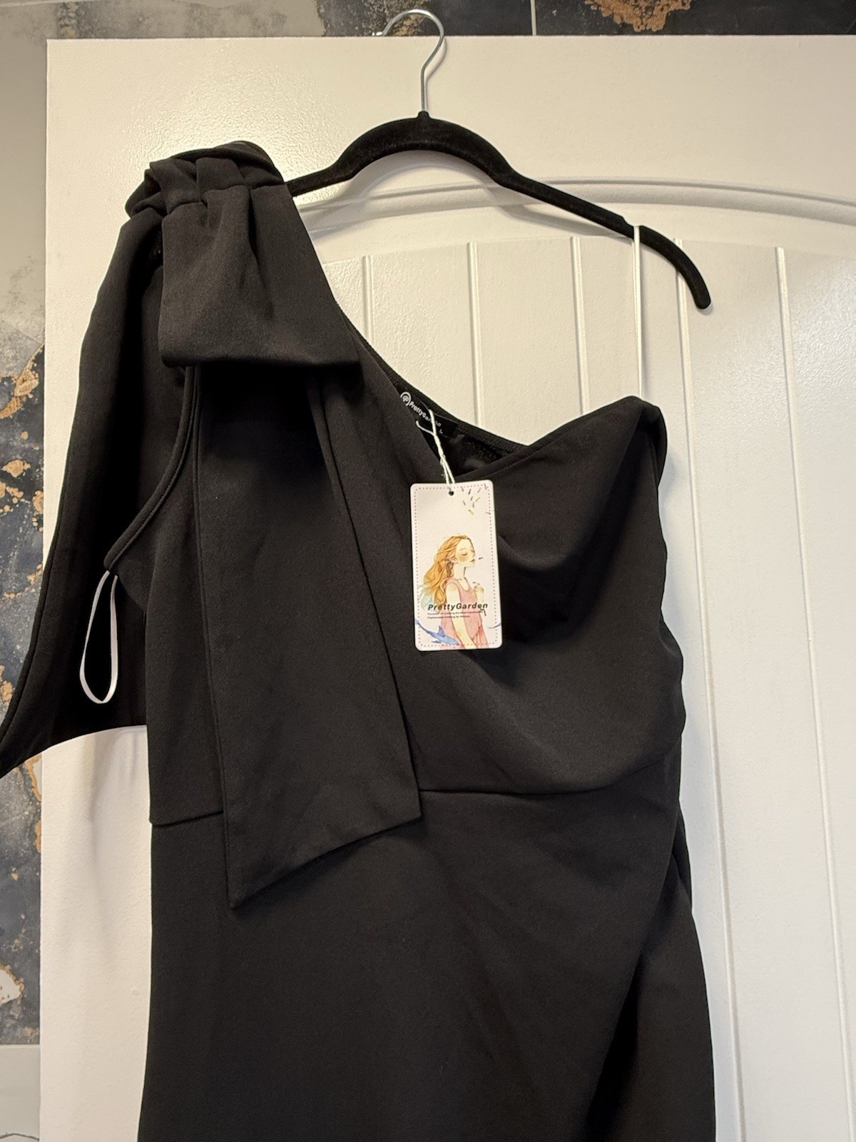 PrettyGarden Women’s Black Solid One-Shoulder Bow Maxi Dress Long Size L
