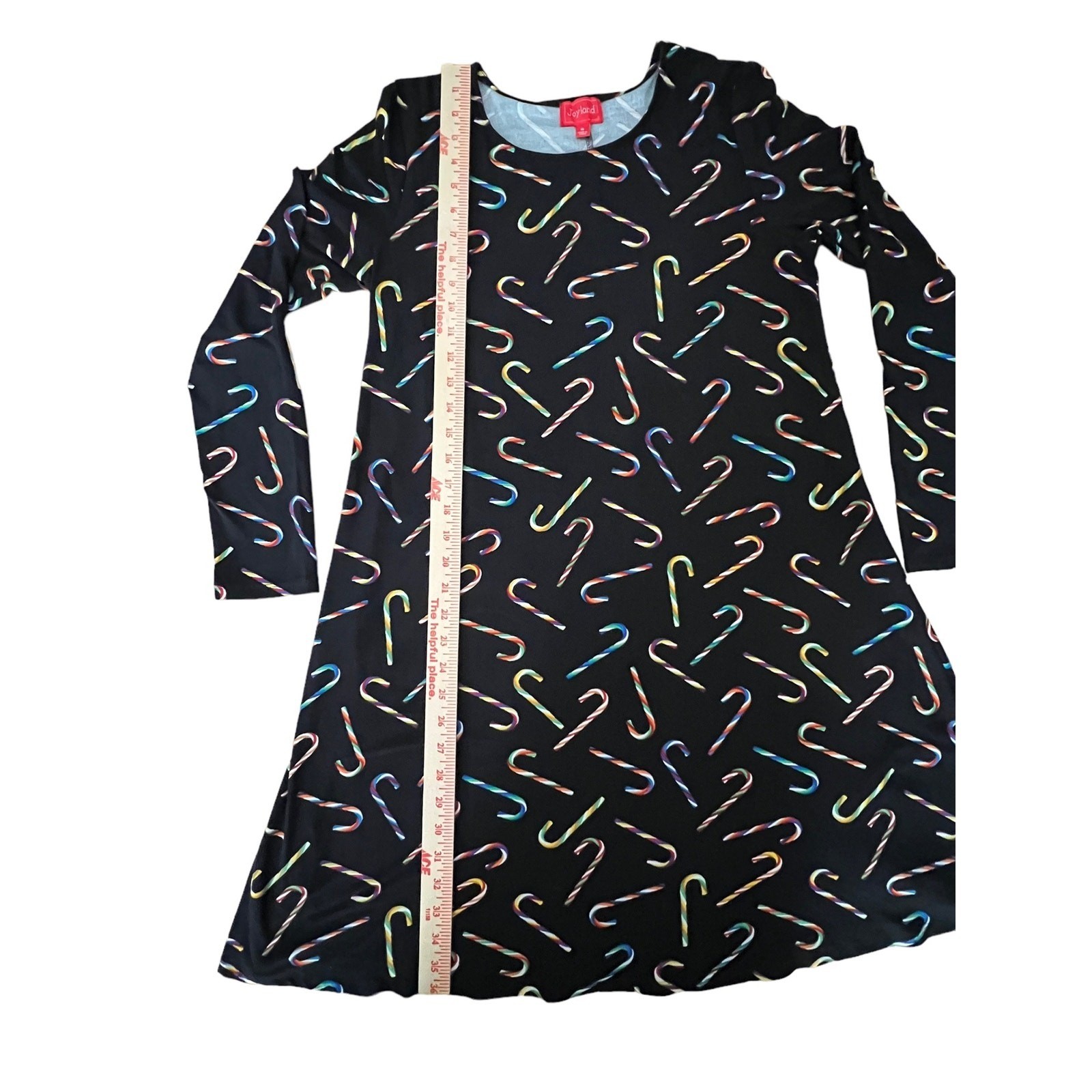 Joyland Colorful Candy Cane Xmas Print Dress Black Long Sleeve Dress Womens M