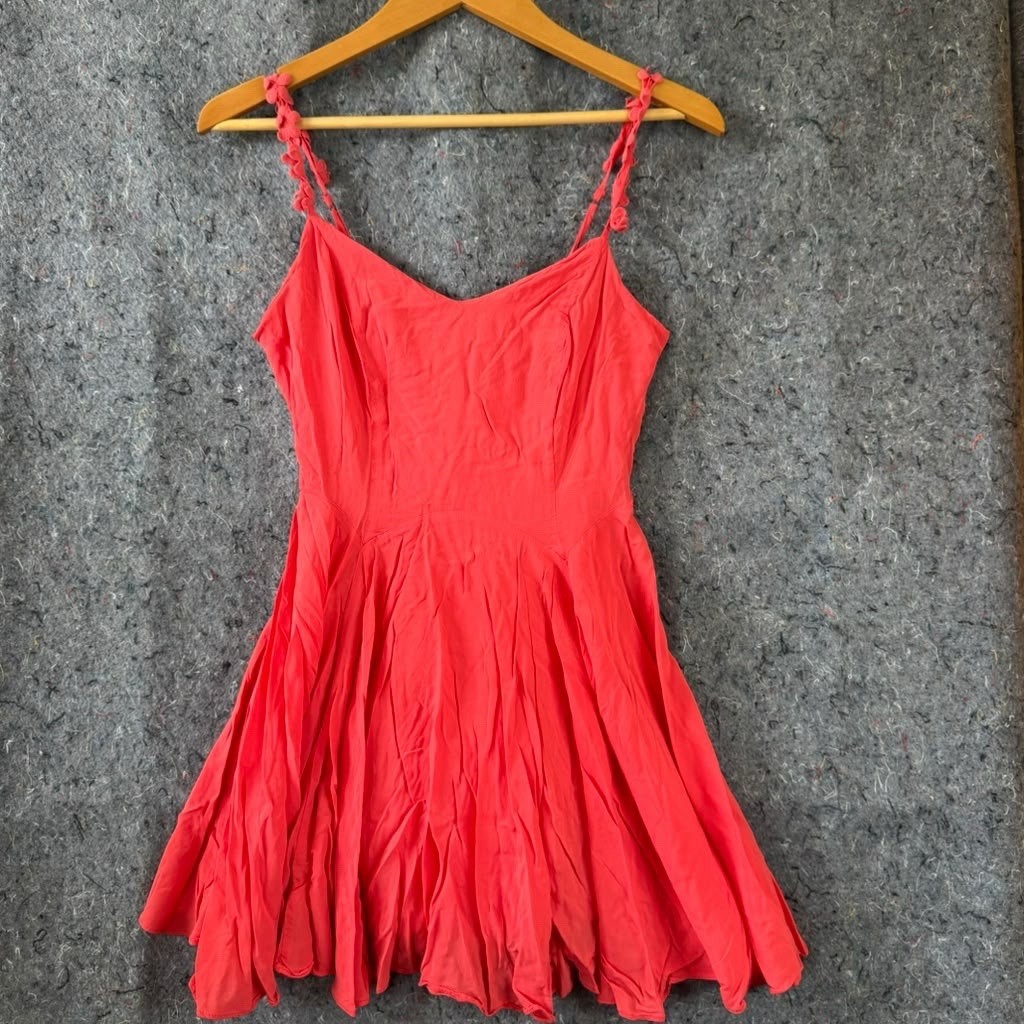 Kimchi Blue XS Red Coral Fit Flare Dress Lace Up Back Crochet Straps Mini