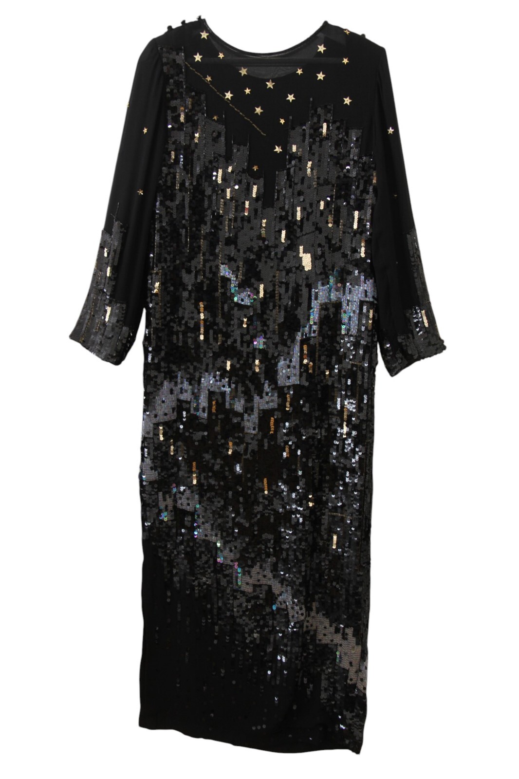 Vintage Tadashi Dress Sequin Beaded Silk Skyline Star Applique Gown Size 8 RARE