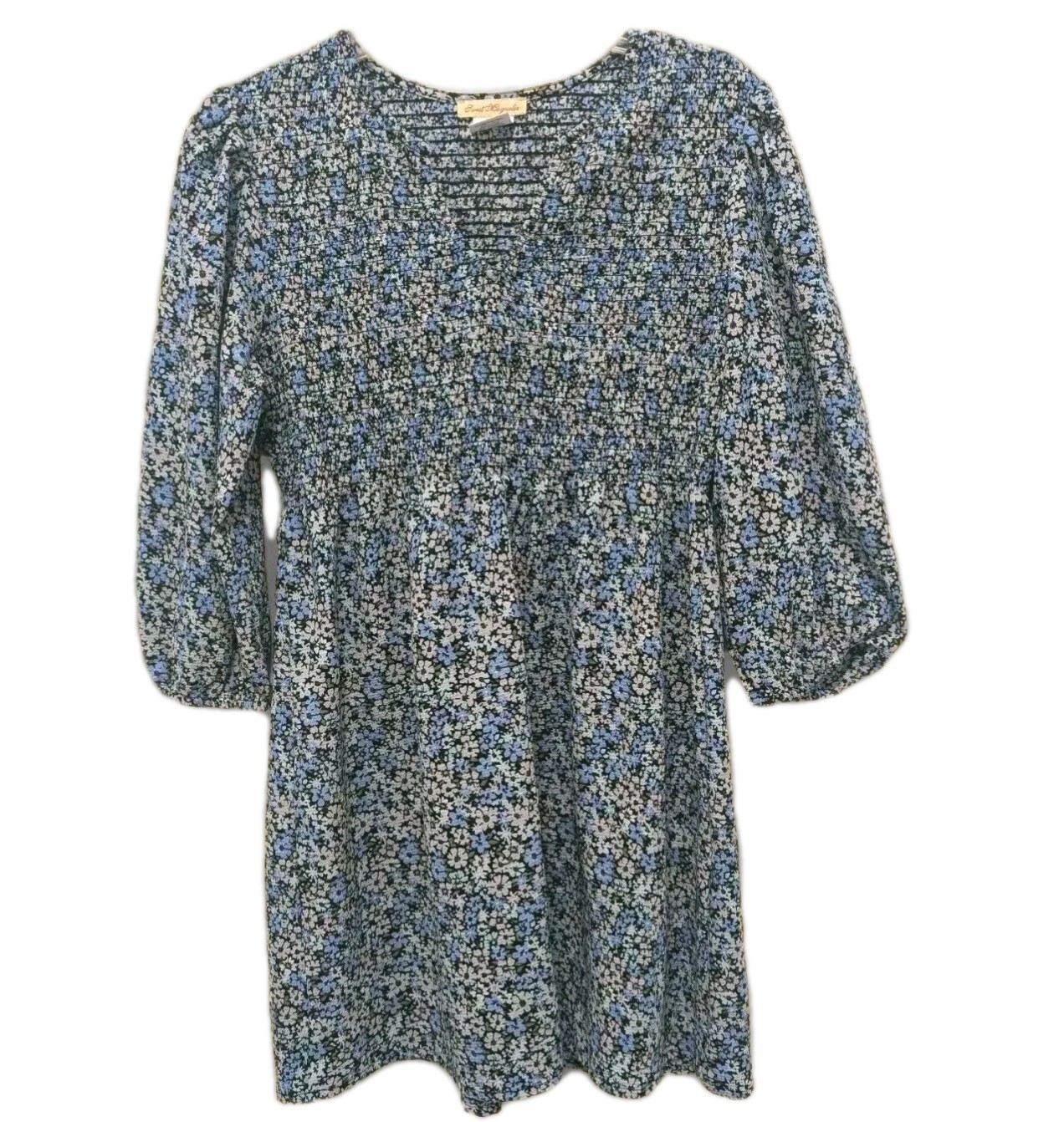 Sweet Magnolia Mini Dress Small Blue Floral Shirred Bodice Boho Cottagecore