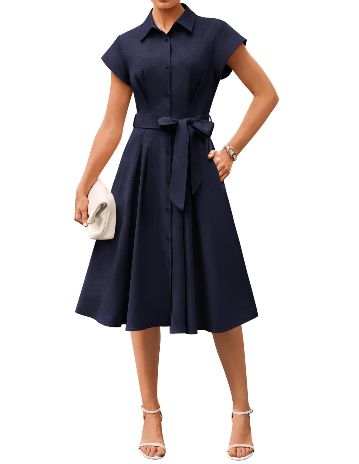 Womens Summer Work Business Casual Midi Shirt Dresses Navy M