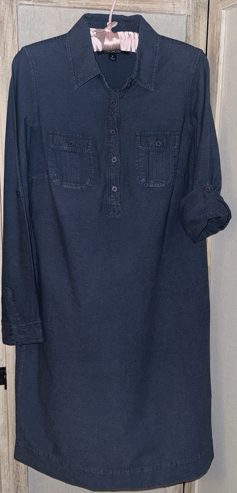 Chadwicks Chambray 8 Denim Blue Shirt Dress lightweight Roll Tab Sleeves