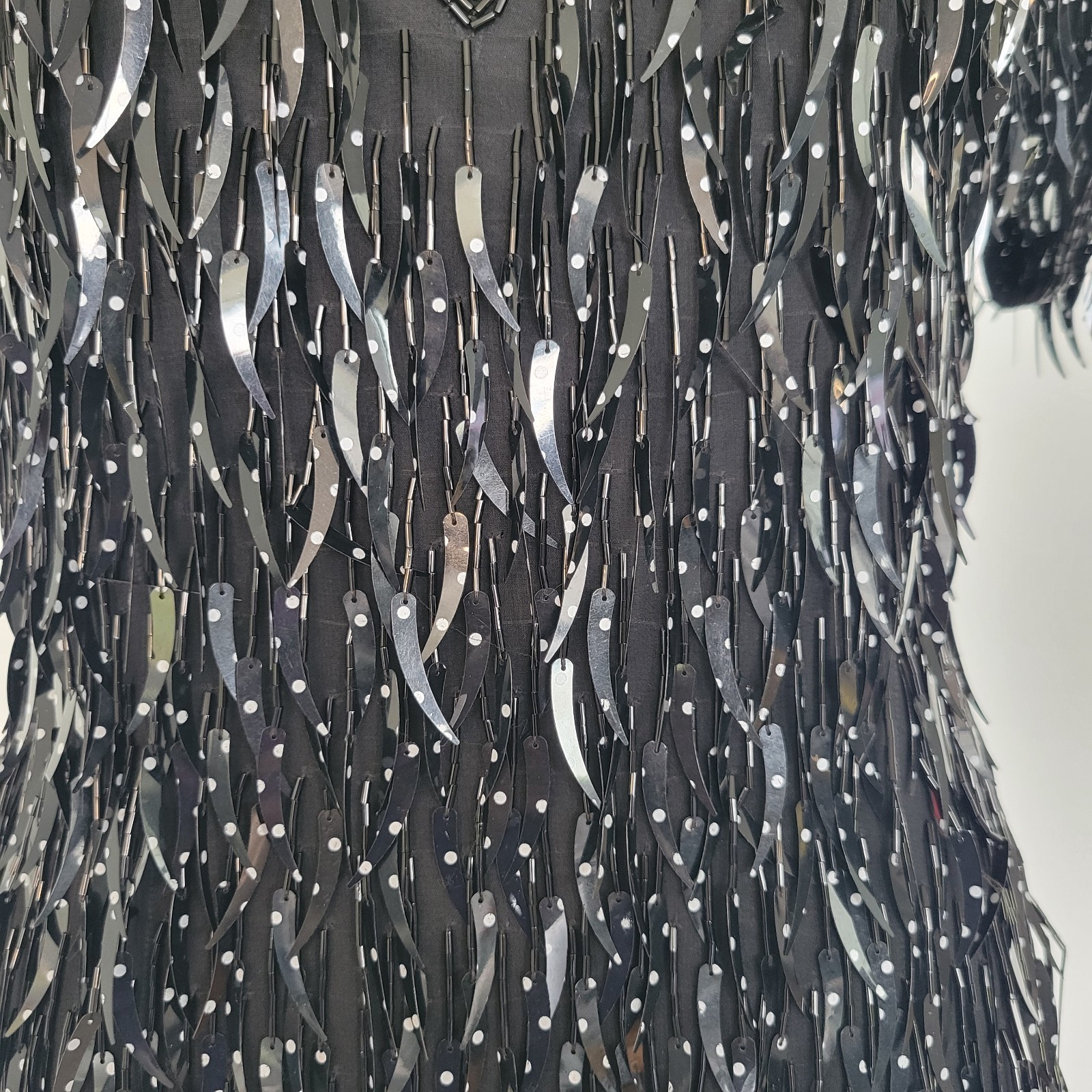 Vintage 100% Silk Black Polka Dots Sequined Beaded Fringe V-neck Dress Sz Medium