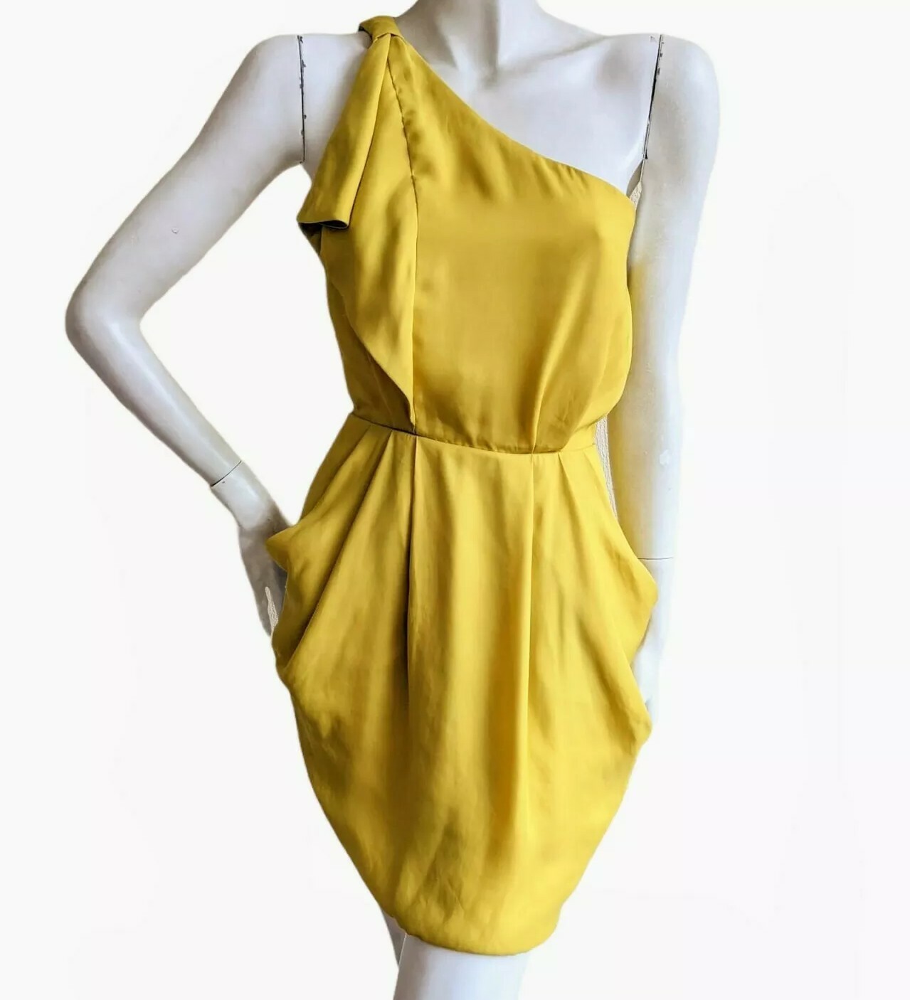 BCBGeneration Yellow One Shoulder Mini Draped Party Dress Pocket Boho XS UK 6/8