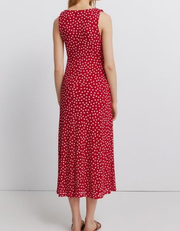 Cortefiel Springfield Polka Dot V Neck Midi Dress Ribbon Detail Red Summer XS-L