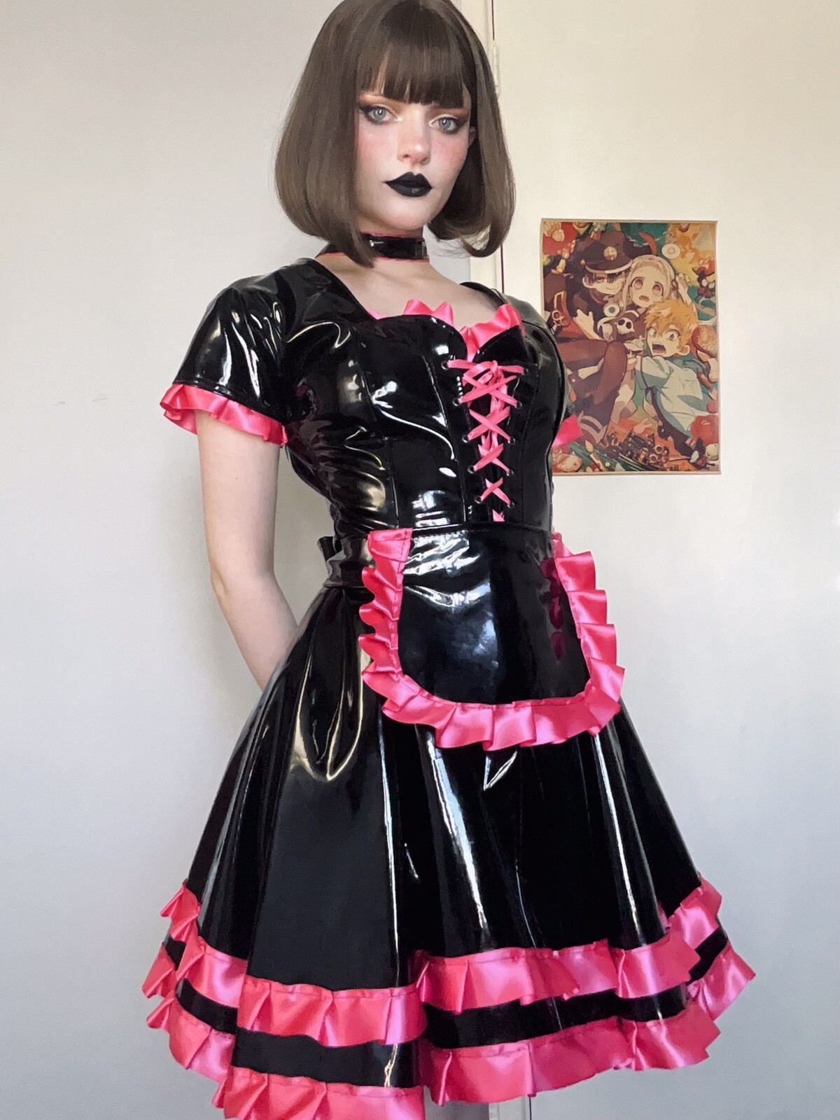 Misfitz black PVC & hot pink satin lace up Sissy Maids dress. SIZE 20. TV CD