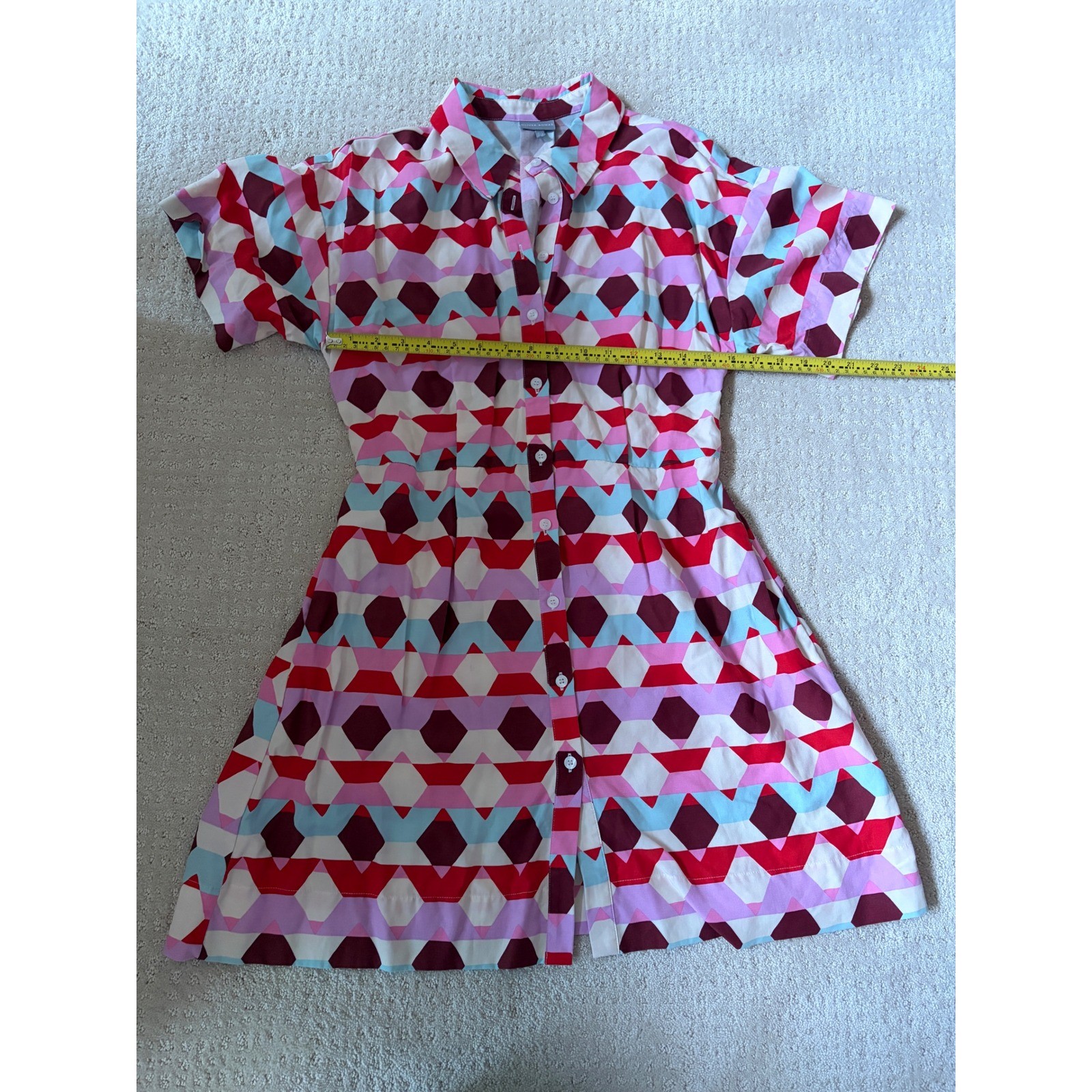 Oliver Bonas Geometric Hexagon Print Button Down Shirt Dress Pink Red US 6