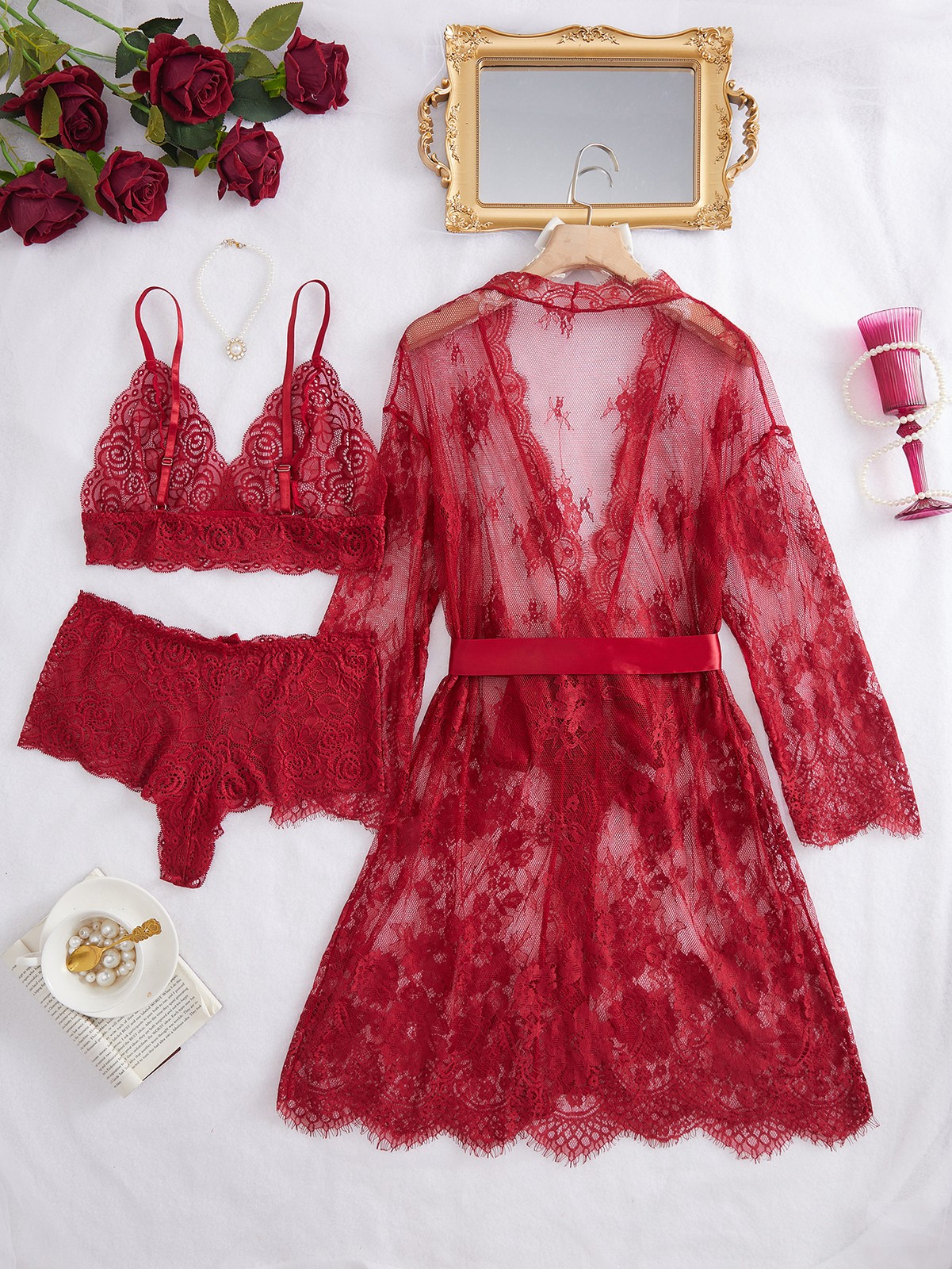 Women Sexy Lingerie Set 3 Piece Lace Kimono Robe with Lace Teddy Underwear Red