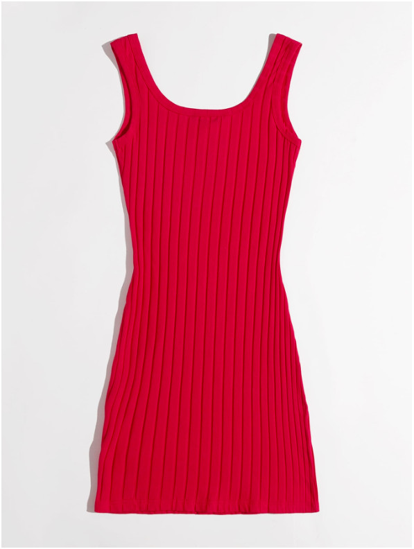 Red Scoop Neck Rib-knit Bodycon Pencil Casual Summer Slim Dress Sz XS S M L XL