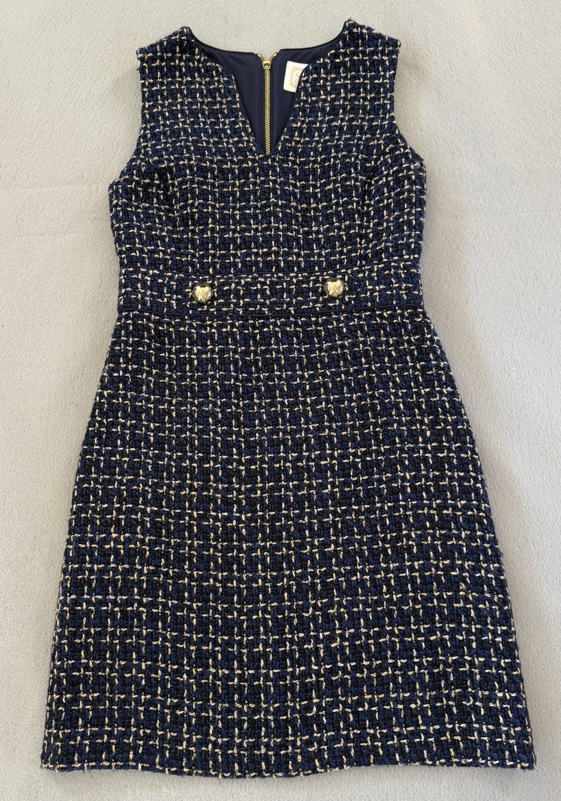 Sail To Sable Tweed Boucle Dress Navy Gold Button Classic Preppy Coastal Chic 2