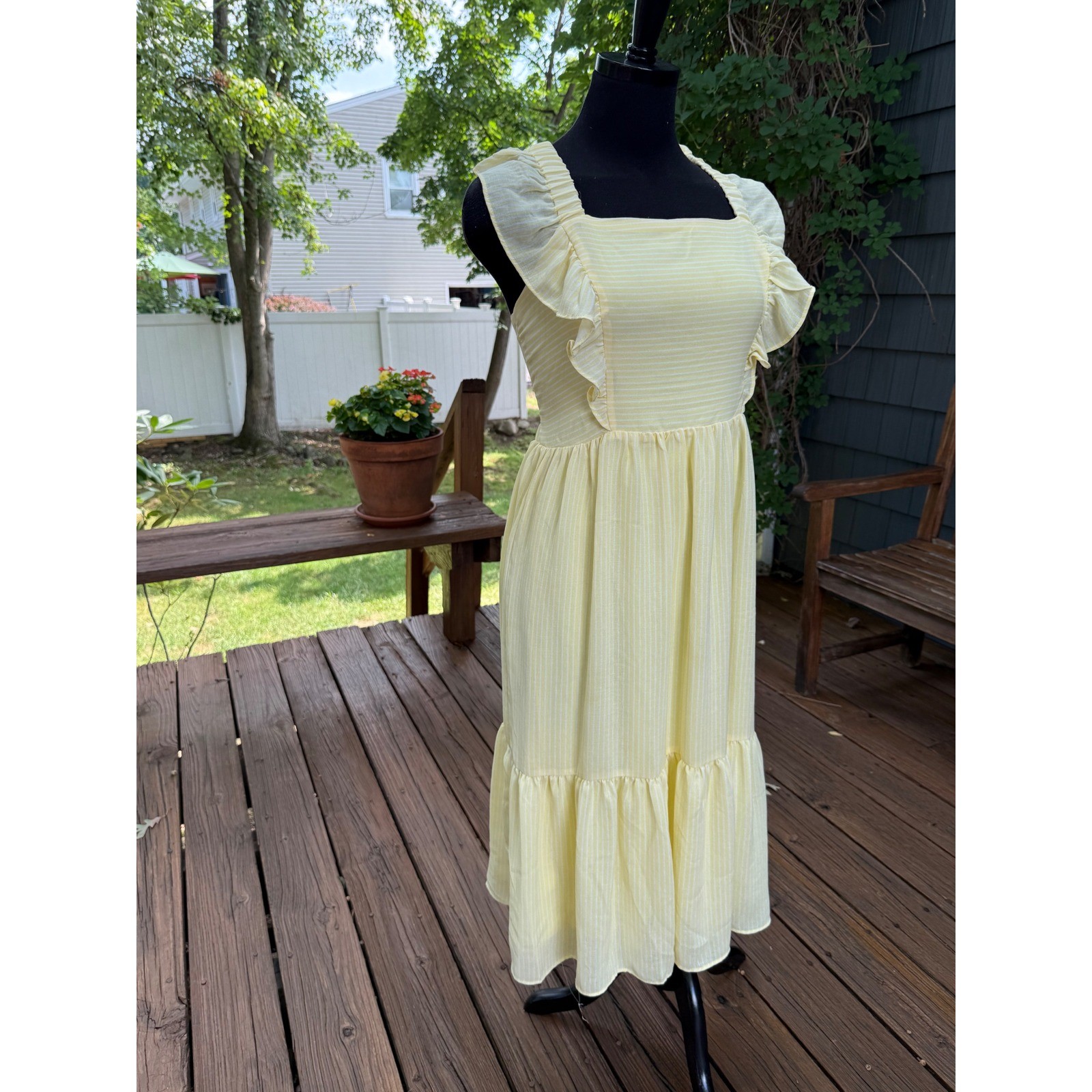 Yellow Pinstripe Ruffle Open Back Tie Midi Dress Cottagecore Sun Dress Medium