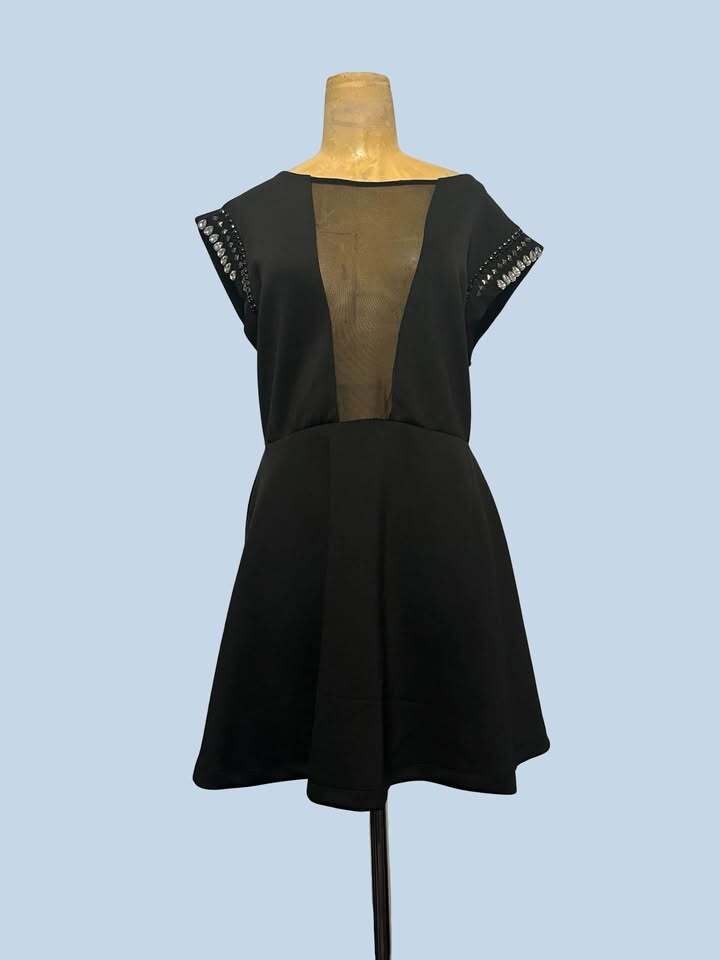 Black Mesh Panel Embellished Dress