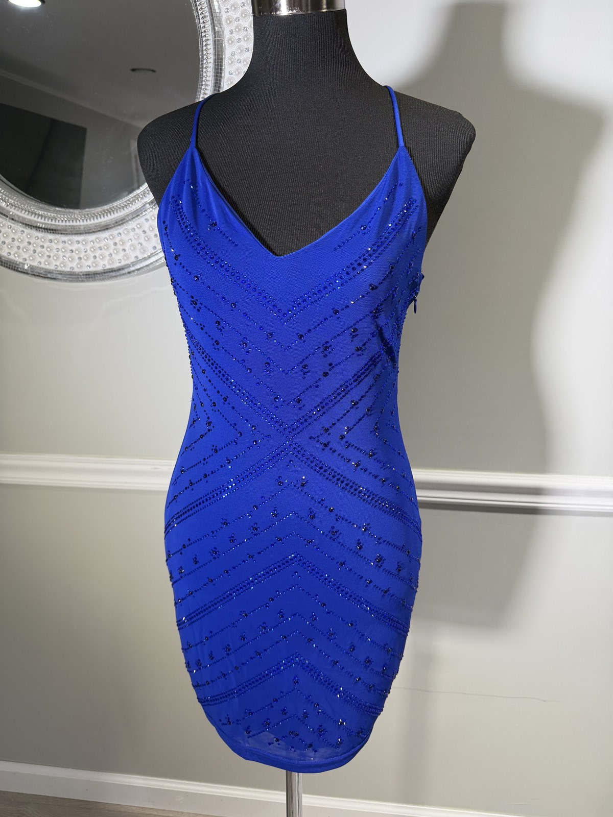 VIP Fashion Royal Blue Rhinestone Open Back Bodycon Mini Dress Size M