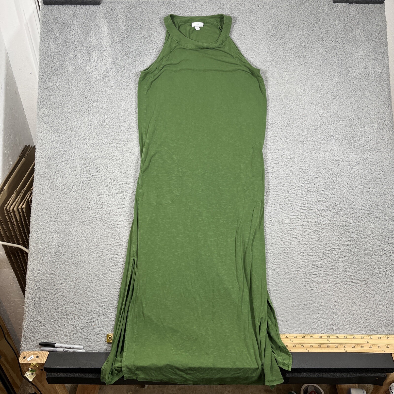 J Jill Olive Green M Stretch Slub Jersey Knit High Neck Long Maxi Dress Pockets