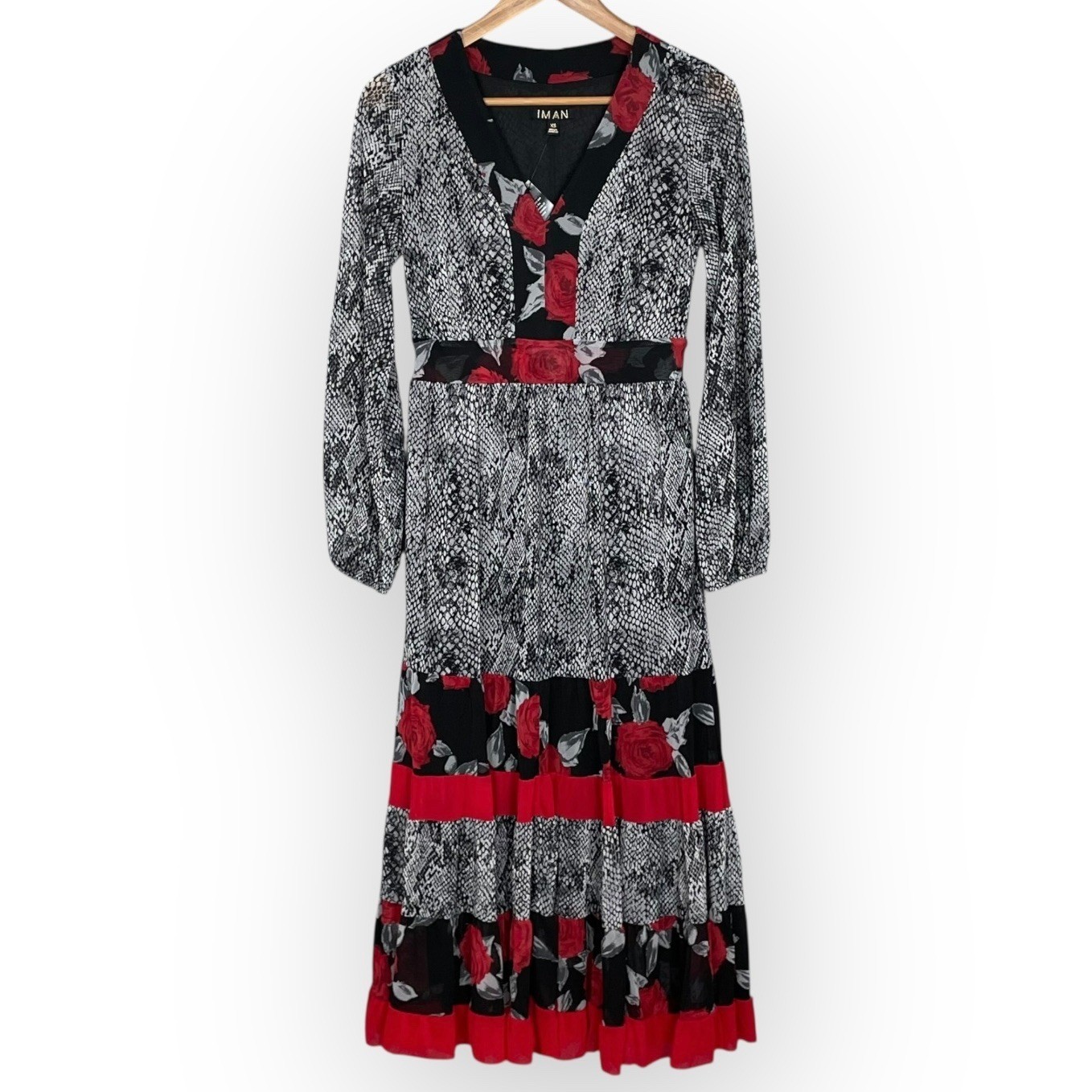 NWT IMAN Dark Feminine Rose Snake Print Maxi Dress Size XS Tiered Vamp Romantic