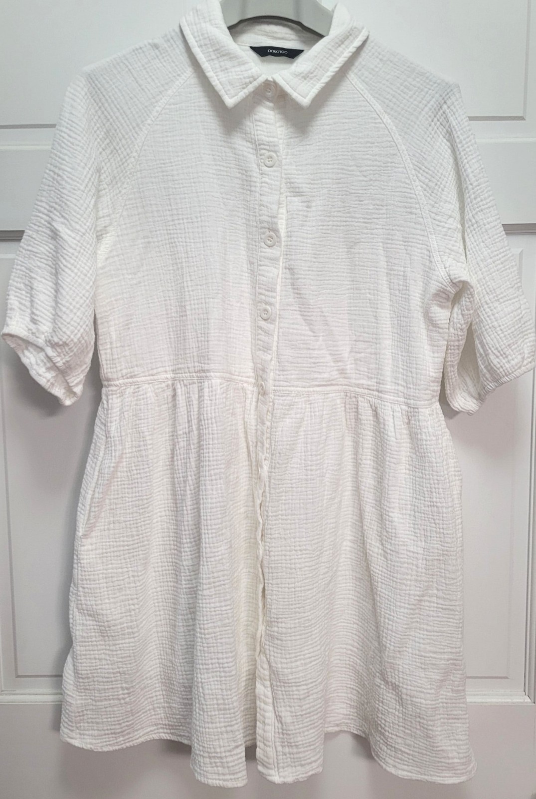 Dokotoo Waffle Gauze Cotton BOHO Mini Button Down Shirt Dress – White – Large