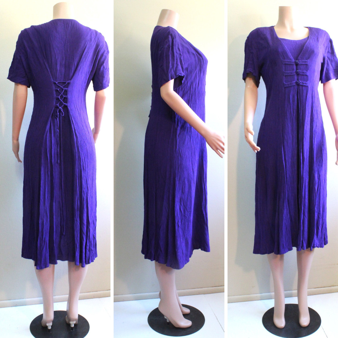 Violet Rayon Crepe Day Dress 4 S runs M Layer Midi SS Laced Back Betsy Lauren