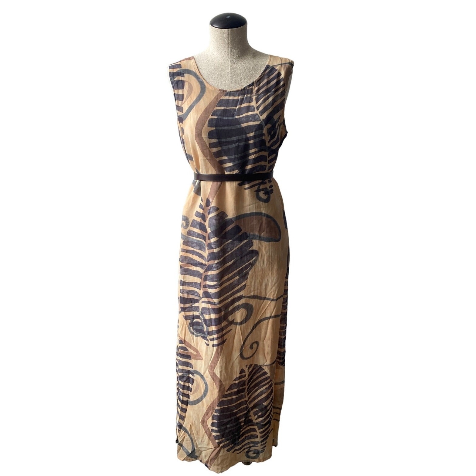 Vtg 90s Earthy Botanical Sleeveless Maxi Dress Tan Gray Boho Minimalist Sz M