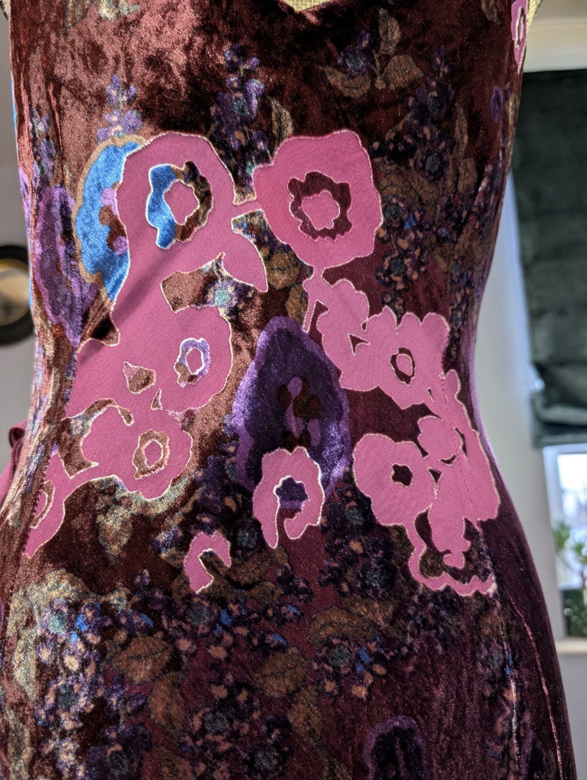 Vintage 90s Monsoon Burgundy & Purple Velvet Devore Midi Dress