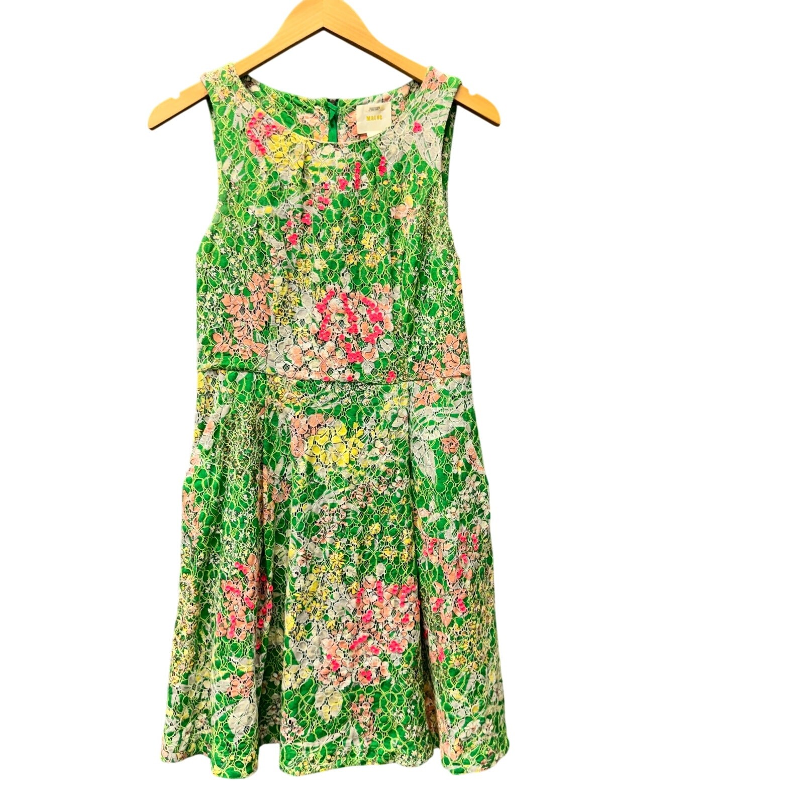 Maeve Verbena Dress Lace Overlay Sequins Green Pink Zip Up Womens 4 Mini