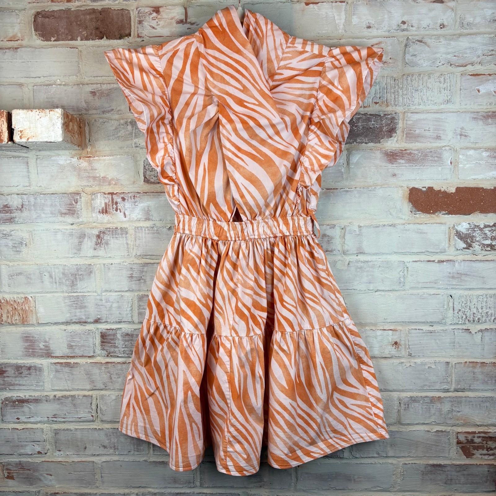 Derek Lam Collective Orange Zebra Cutout Mini Dress XS Ruffle Sleeve Belted Boho