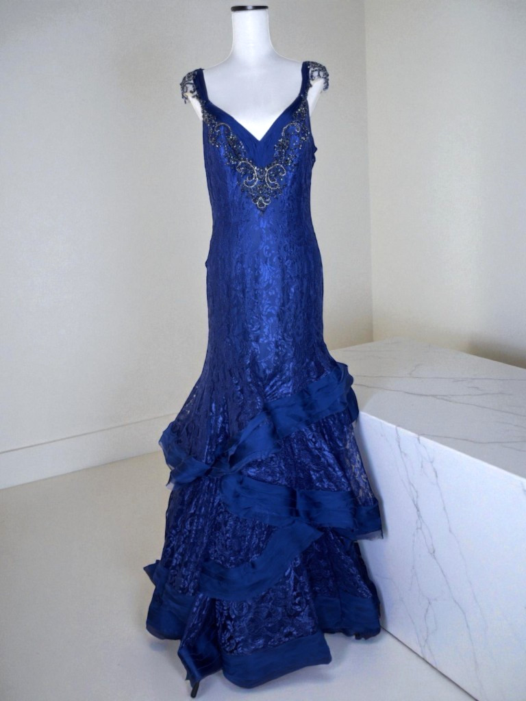 Mac Duggal Iridescent Ruffle Sequin Beads Ruffle Maxi Mermaid Lace 10 Blue Dress
