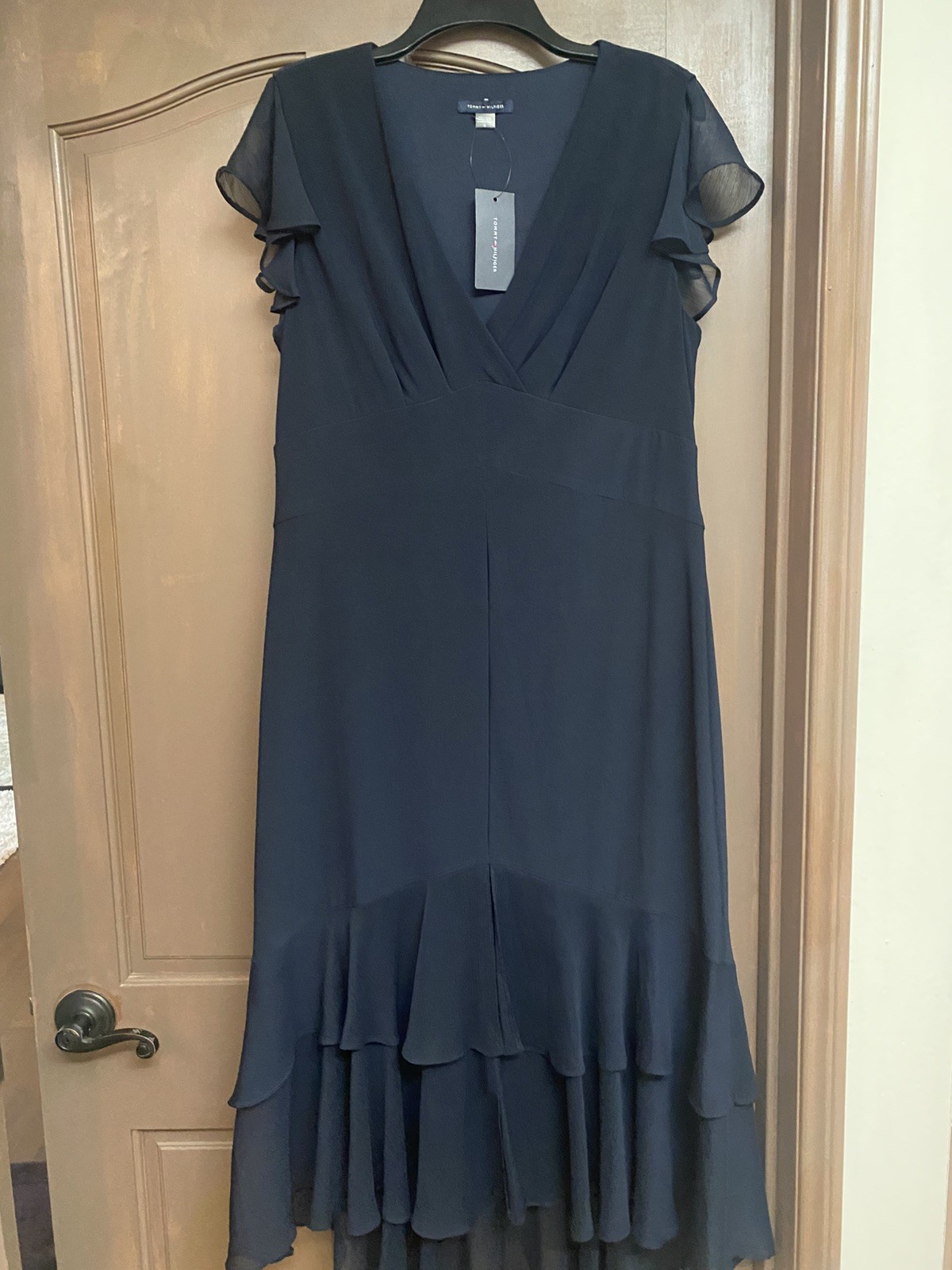 Tommy Hilfiger Women Black Maxi Wrap Dress V-Neck Short Sleeve Size 12
