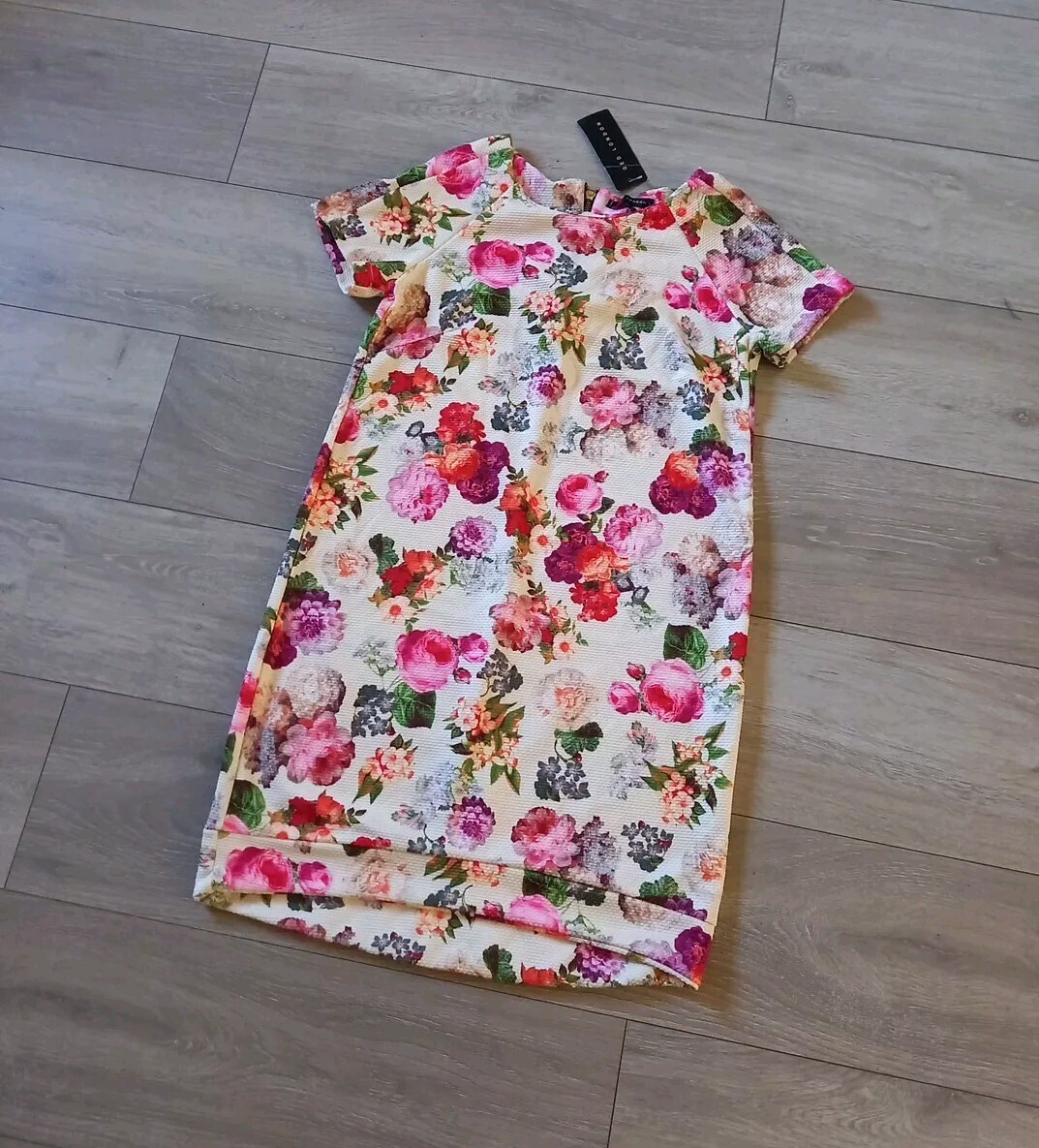 QED London Cream Floral Stretch Tunic Dress Textured Smart Office Party UK10/12