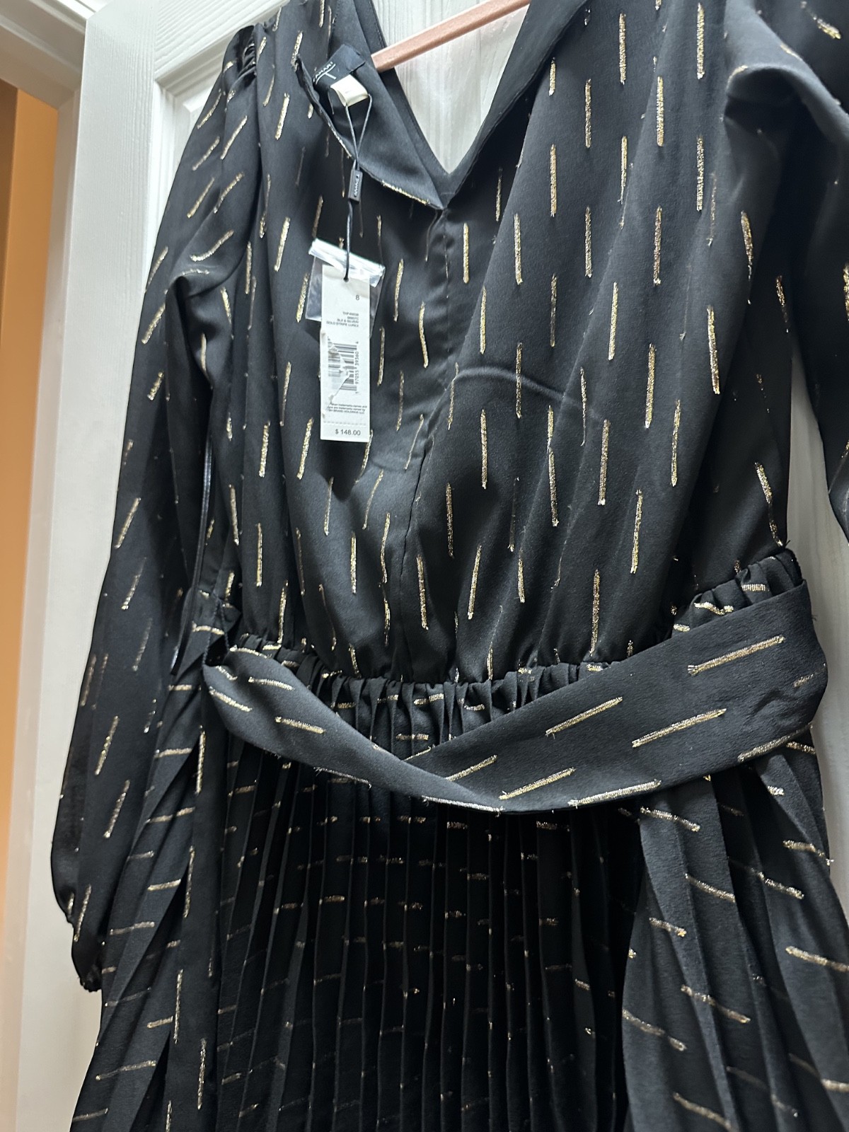 Tahari Black and silver/gold stripe lurex pleated dress with belt Size 8