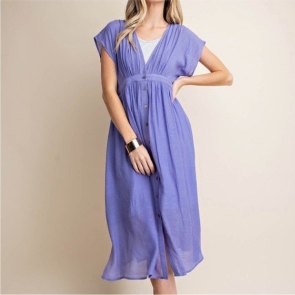 Kori Periwinkle Short Sleeve Button Down Midi Dress Lightweight Semi Sheer Large