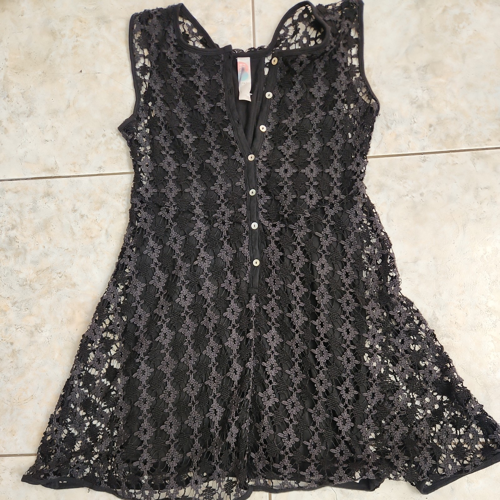 FP Beach Dress Women S Boho Festival Black Crochet Henley Knit Cover Up