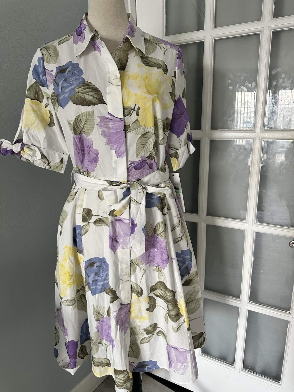 Calvin Klein White Floral Shirt Dress Button Front Belted Pockets SS 8