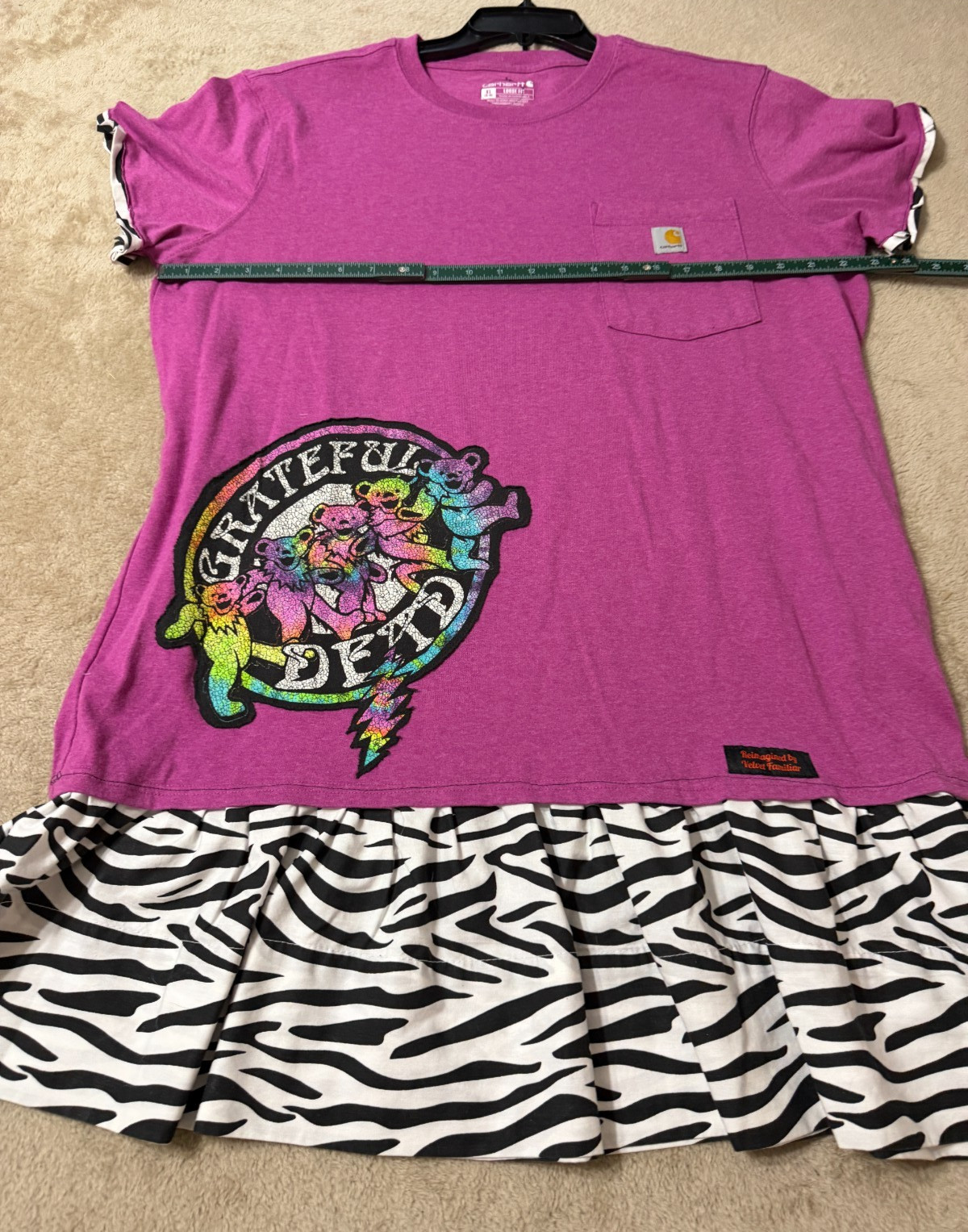 Grateful Dead Carhartt Upcycled Tee Dress XL Zebra Ruffle Velvet Familiar