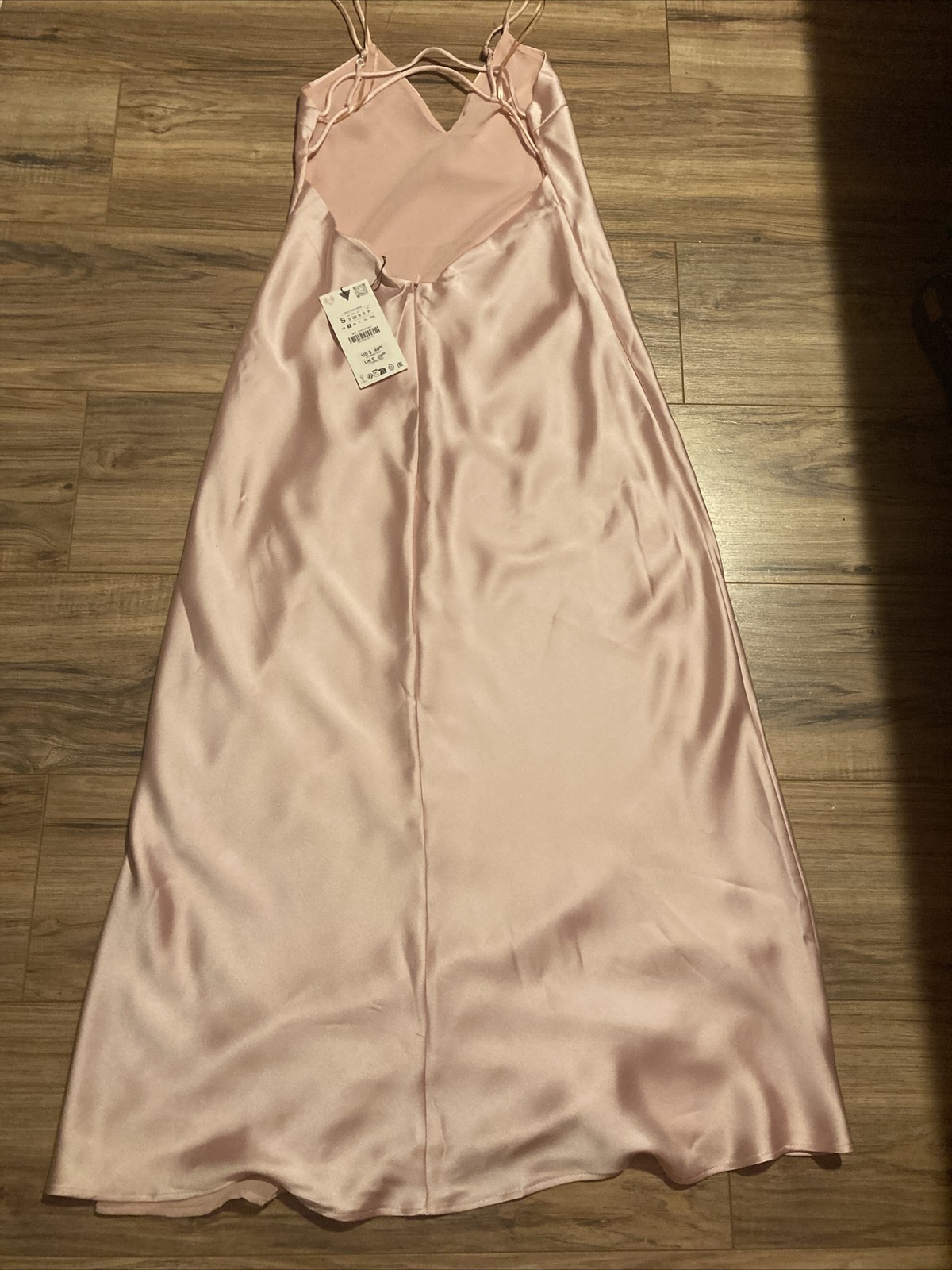 Zara Sleeveless Straps Back Lined Pink Satin Maxi Dress Size S