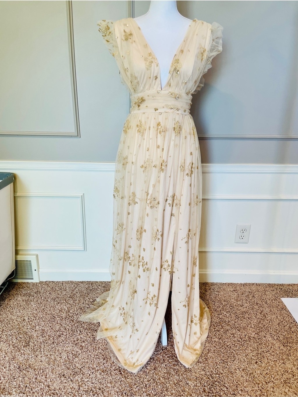 Soieblu XL Maxi Dress Celestial Star Cream Gold Plunging Neckline High Slit
