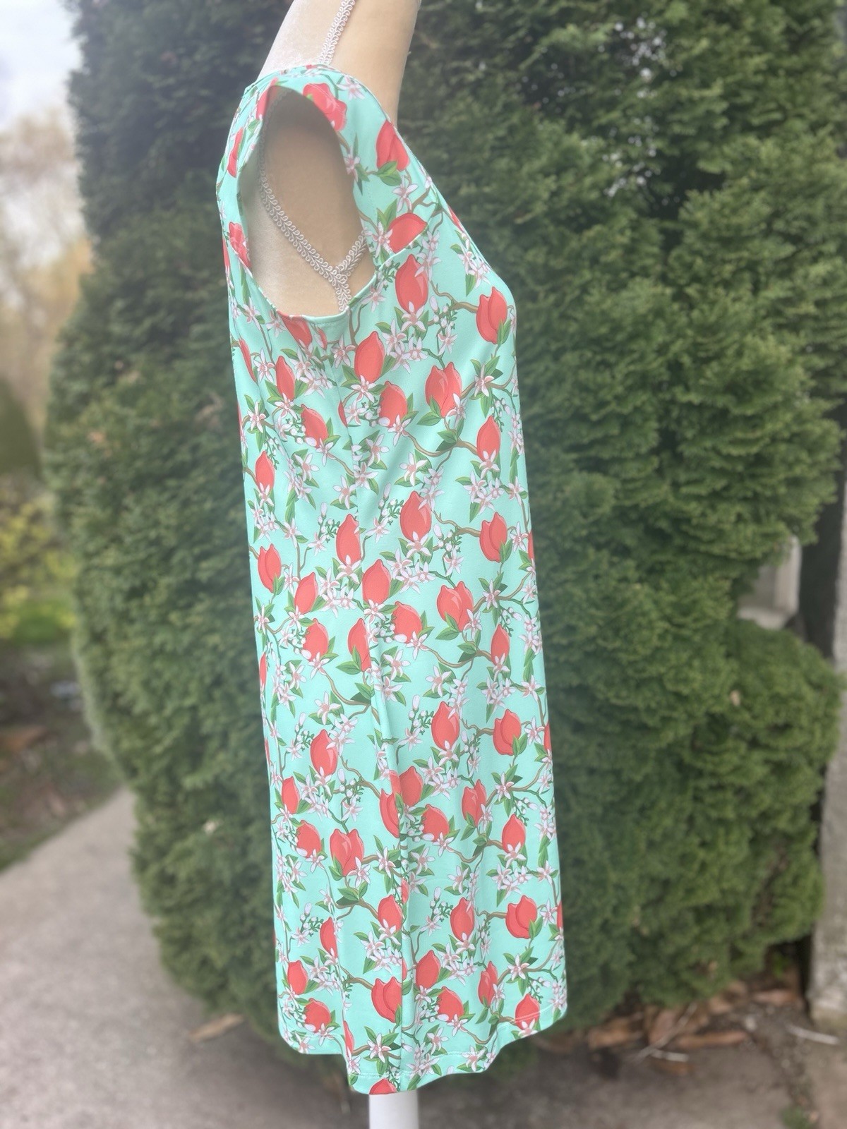 Jean-Pierre Klifa Paris Green w/Fruit & Flower Print Stretch Dress Size M Women