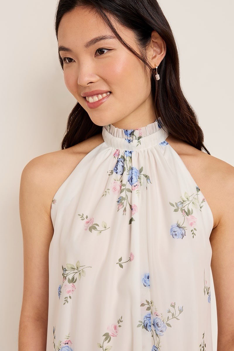 Francesca’s Mi Ami Willow Halter White Blue Pink Floral Maxi Dress NWT Women’s L