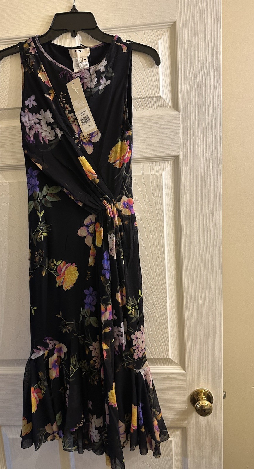 NWT Fuzzi Italy Black Floral Side Rouched Waist Ruffle Mesh Dress Medium