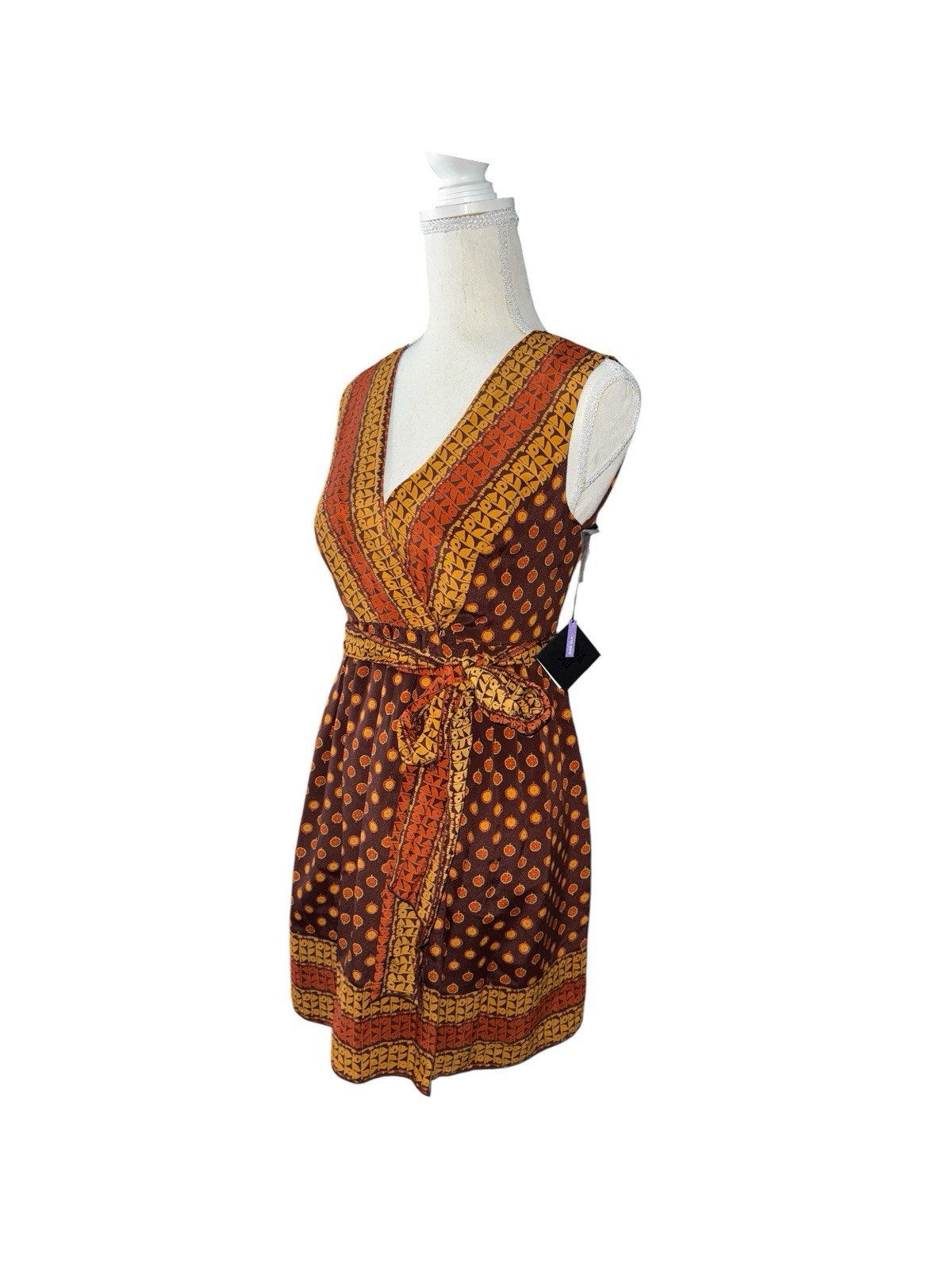 Anna Sui Silk Chiffon Wrap Dress Polka Dot Brown Orange Yellow Lined S