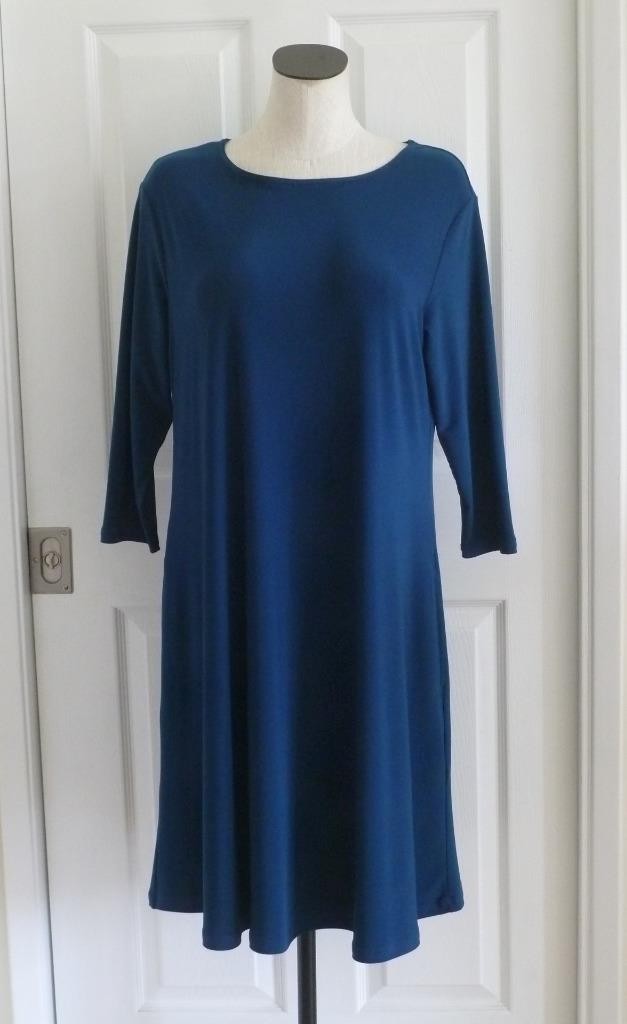 SYMPLI Atlantis Peacock Blue Jersey 3/4-Sleeve Trapeze Dress w/Pockets L 14 NWT