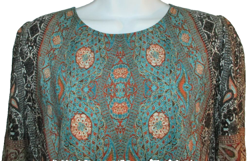 BOW & ARROW Dress Size L Multi-color Paisley Border Print Scoop Neck 3/4 Sleeves