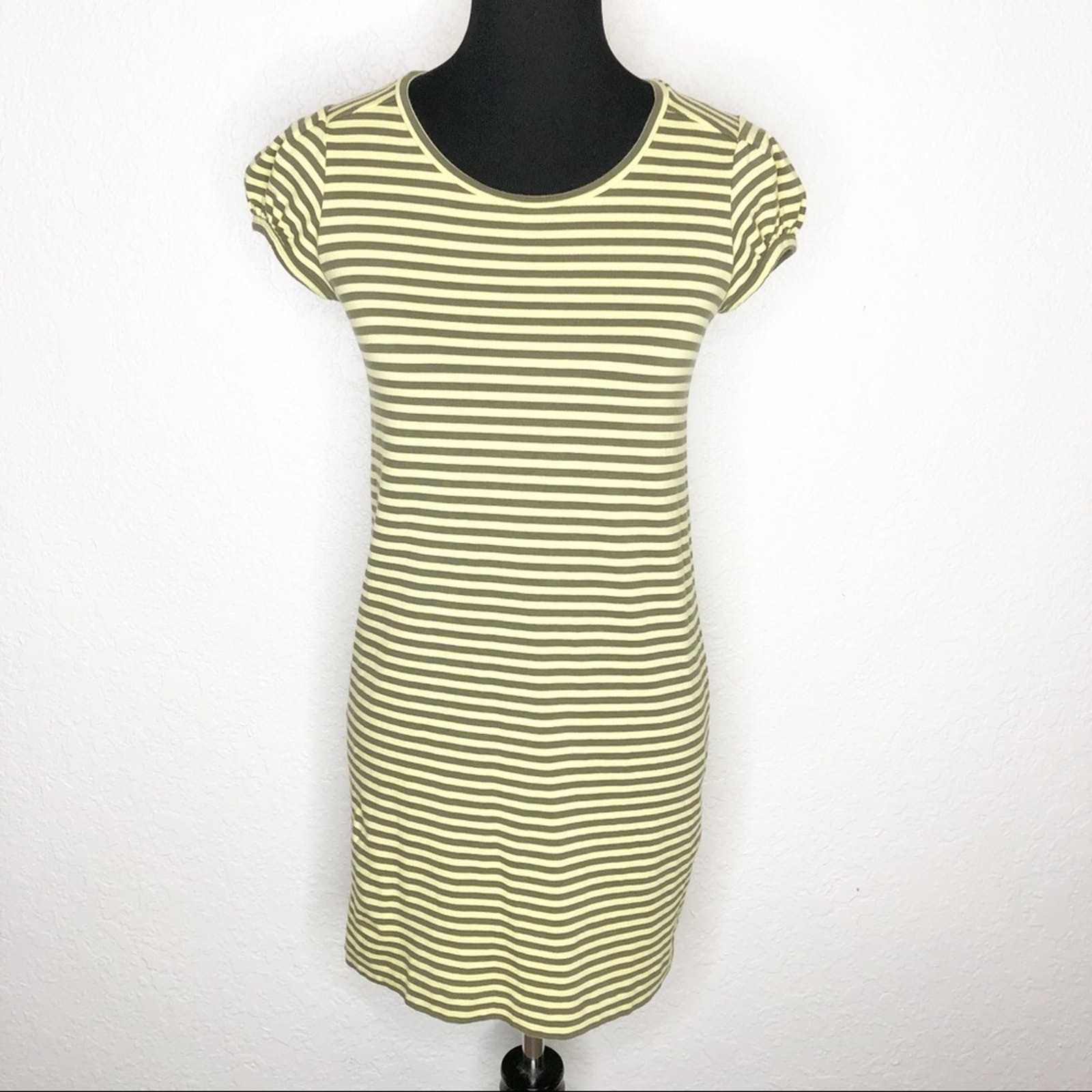 Theory yellow brown striped cap sleeve tee dress size Medium